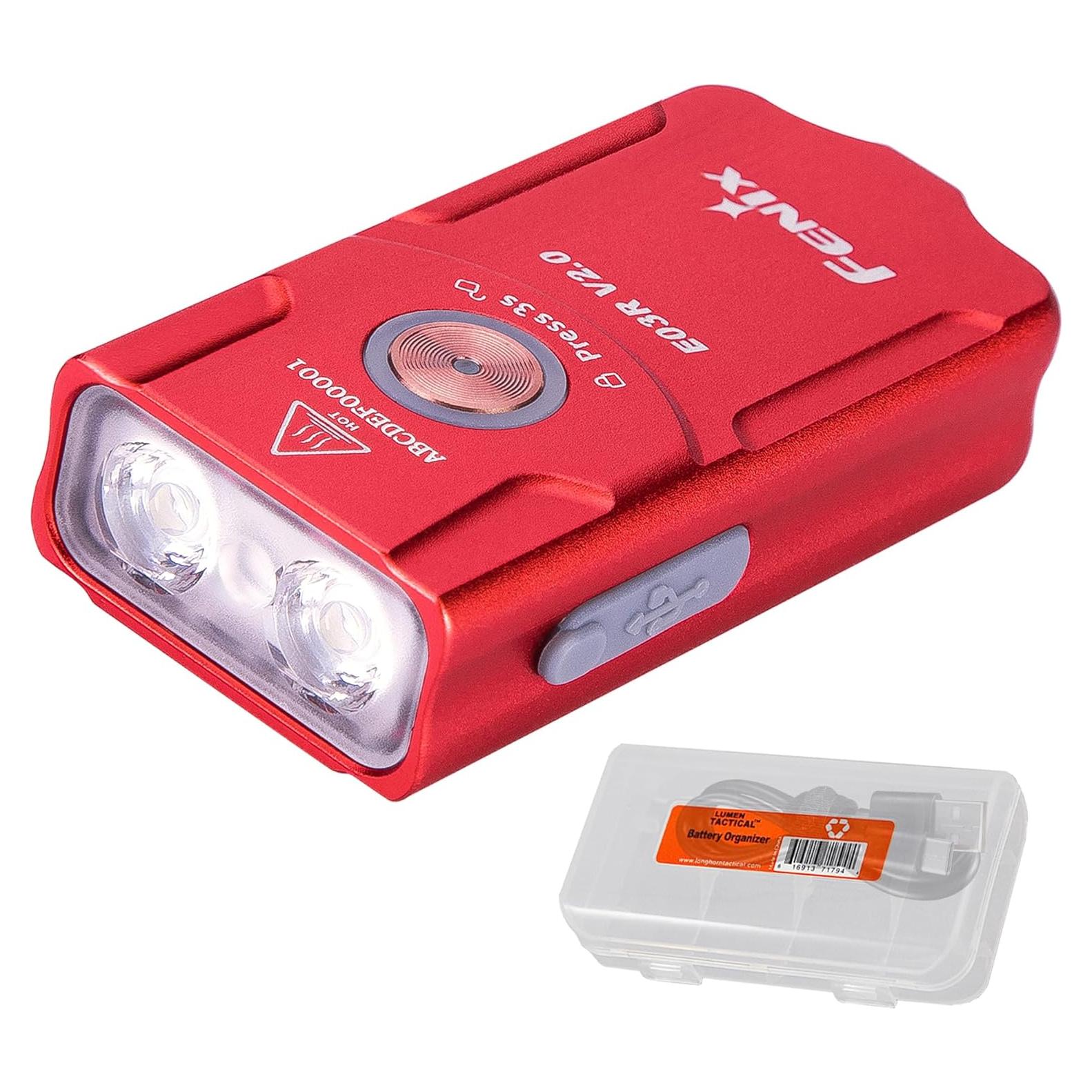 Fenix E03R v2.0 Keychain Flashlight Premium Pack, Rose Red, 500 Lumen Bright USB-C Rechargeable EDC with Red LED and Organizer