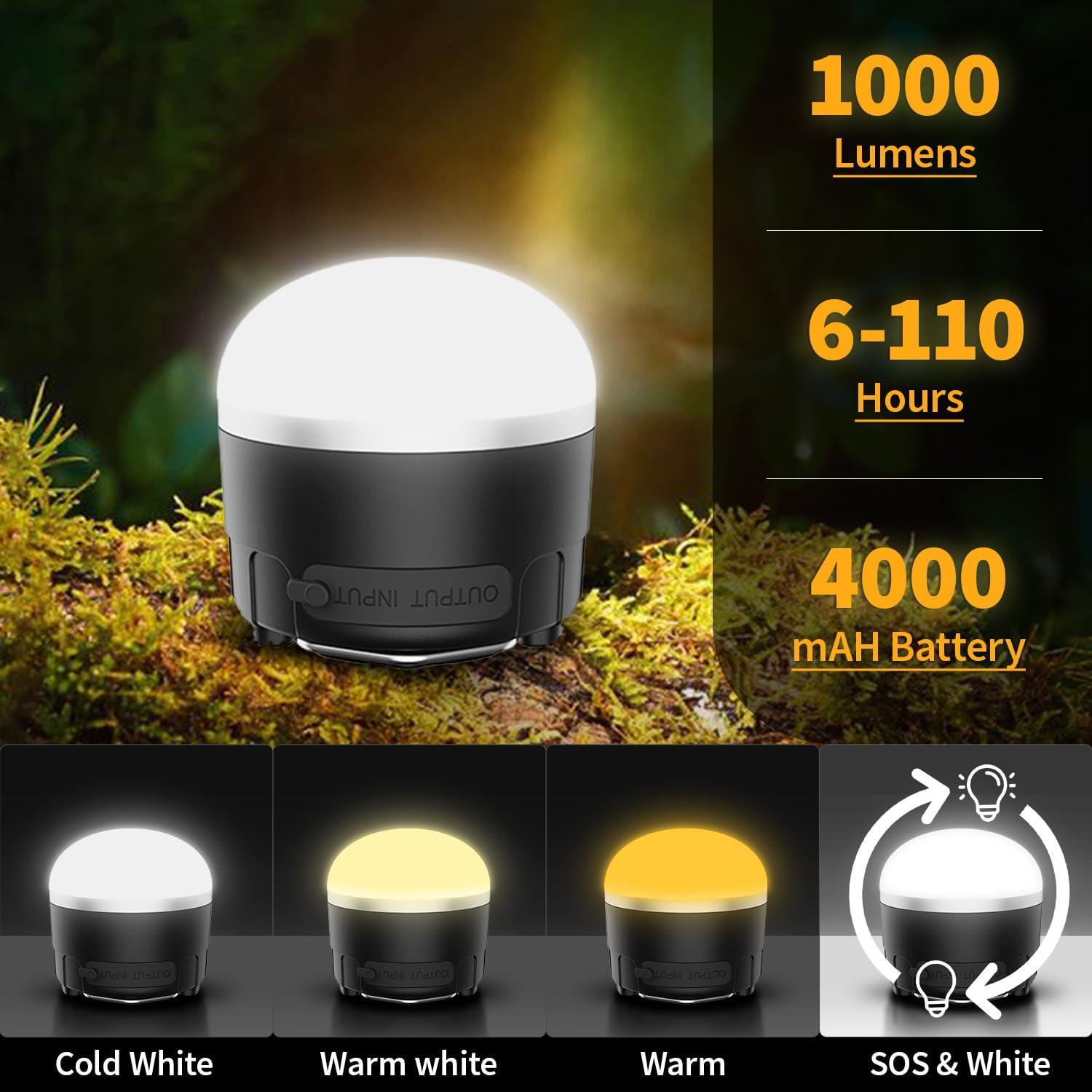 Rechargeable LED Camping Lantern 1000LM, Portable Tent Lights with 3 Colors, IP65 Waterproof, Magnetic Base, 4000mAH Emergency Hanging Light for Power Outages, Hiking, Tent, Outdoor, Home