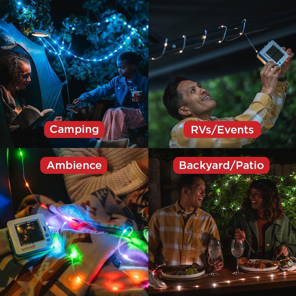 LuminAID Color Solar String Light with Phone Charger - Multicolor Tent Lights for Camping - 23 ft Rechargeable String Lights Perfect for Camping, Backyard, Patio, RVs, Outdoor, Power Outages (1 Pack)