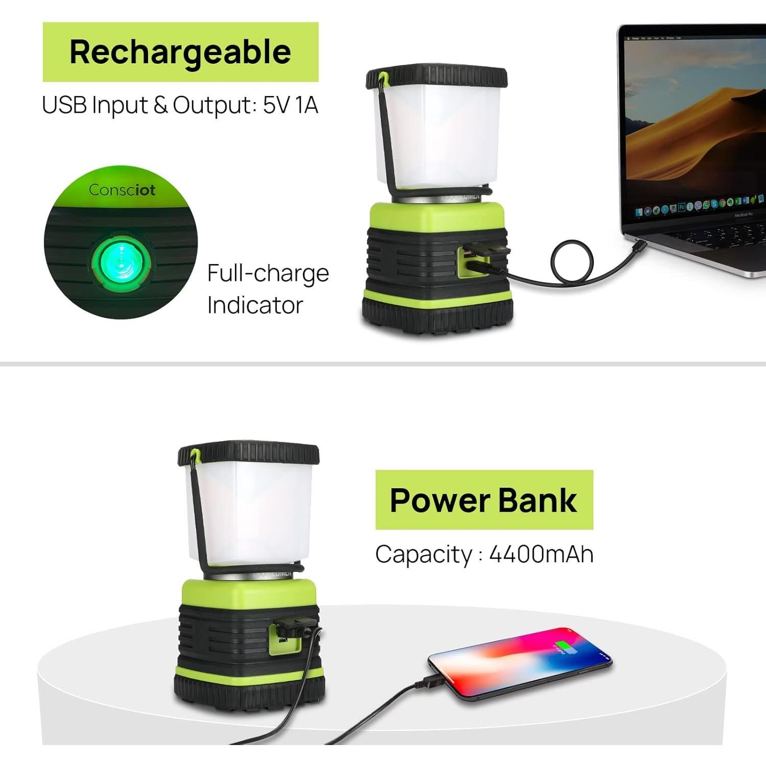 Linterna LED Recargable Consciot 1000 Lúmenes IPX4 Verde Claro