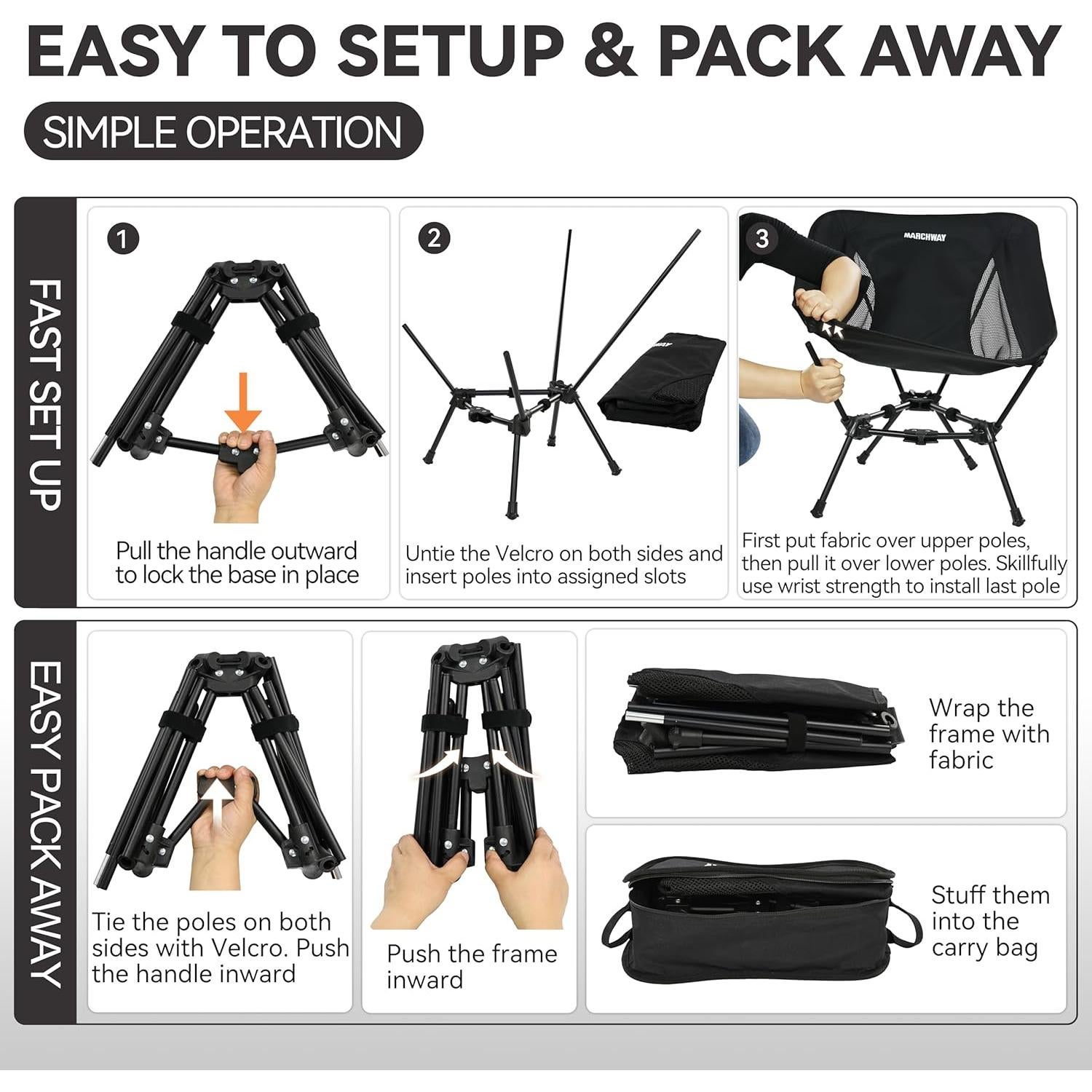 MARCHWAY Lightweight Folding Camping Chair, Portable Foldable Compact for Outdoor Camp, Travel, Beach, Picnic, Festival, Hiking, Backpacking, Supports 330Lbs (Black)