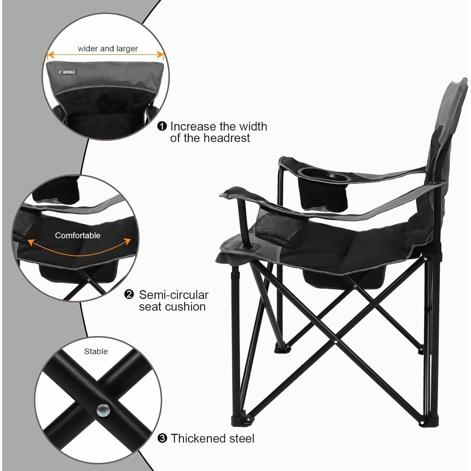 Oversized Portable Camping Chairs, Collapsible Outdoor Chairs with Pocket and Cup Holders, Carry Bag for Camping,Tailgates,Beach,and Sports