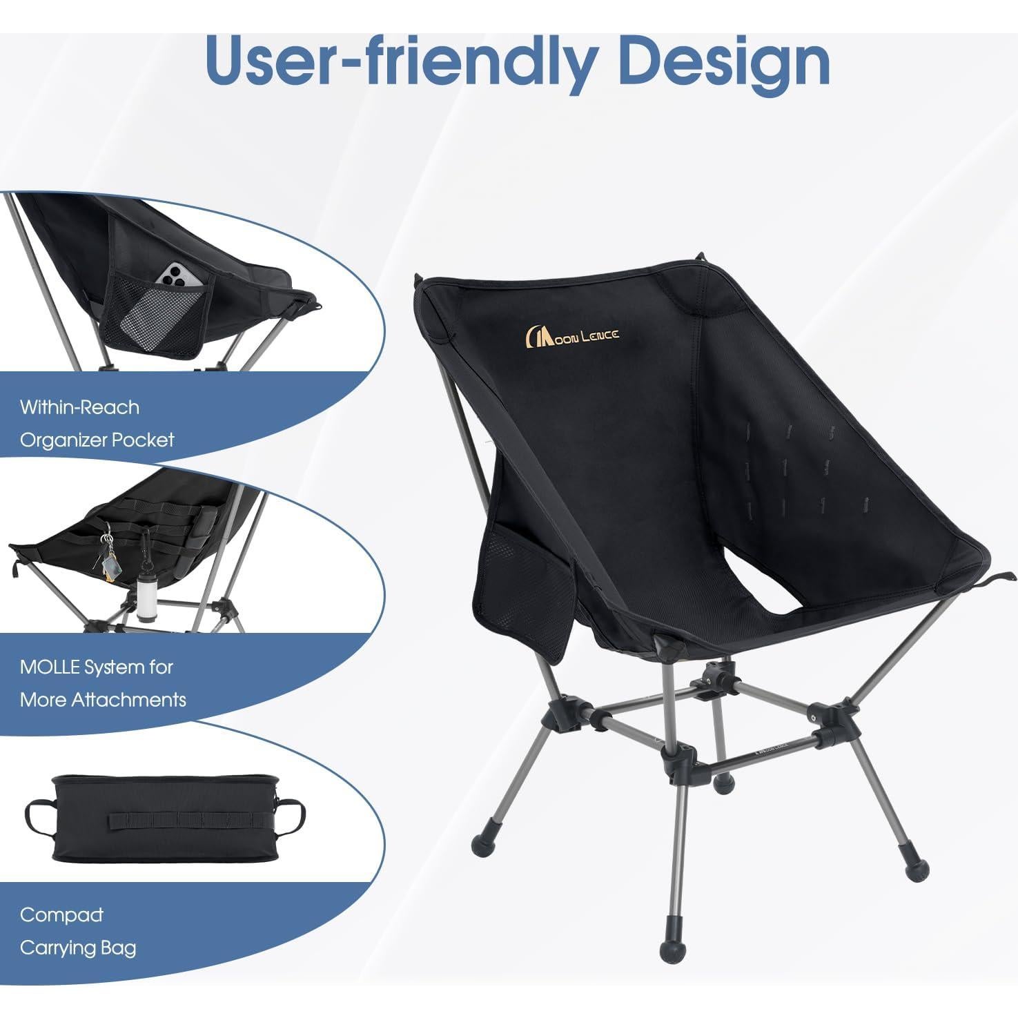 Silla de Camping Plegable MOON LENCE CH21P 400Lbs Negra