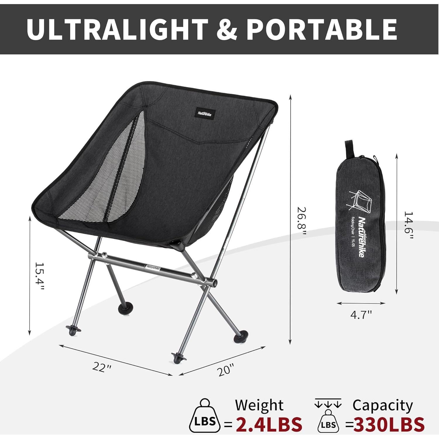 Naturehike YL05 Camping Chair, Ultralight Portable Camp Chair with Storage Bag, Compact Folding Beach Chair for Backpacking Hiking Fishing Picnic