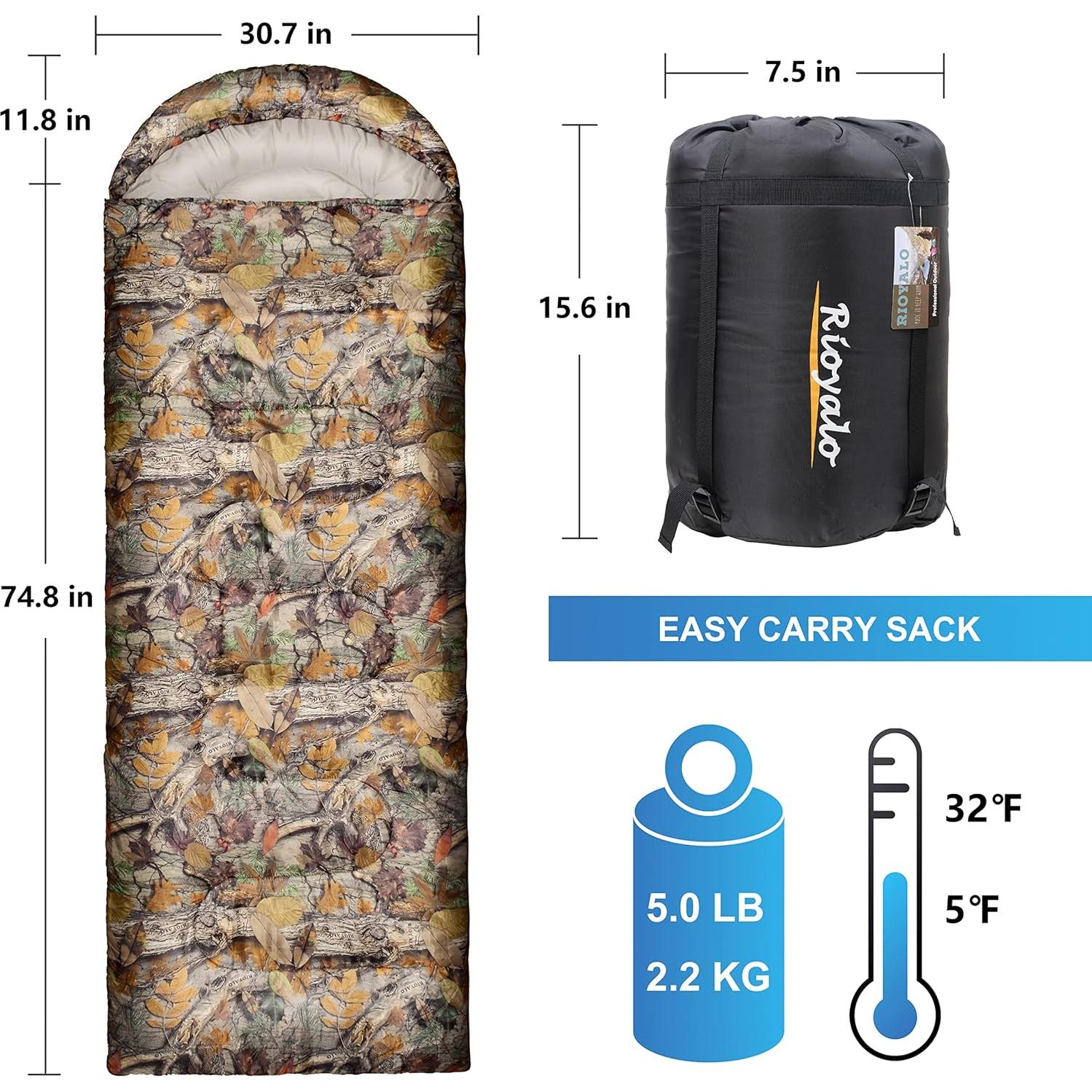 Saco de dormir Rioyalo 0°C Camuflaje Forestal 220x78cm