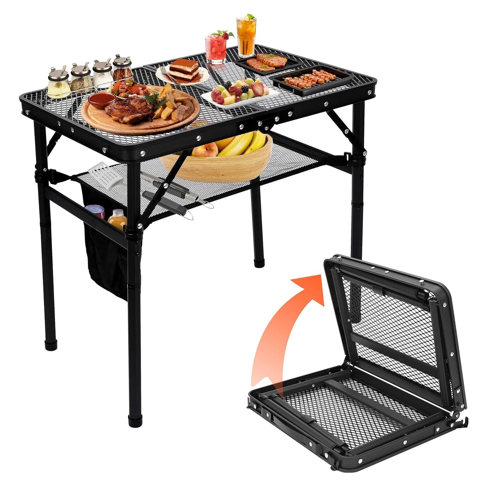 QuliMetal Small Portable Folding Grill Table with Adjustable Height & Mesh Desktop, Lightweight Camping Table – Perfect for BBQ, Picnic, Beach, & Indoor Use – Compact, Durable & Easy to Carry, Black