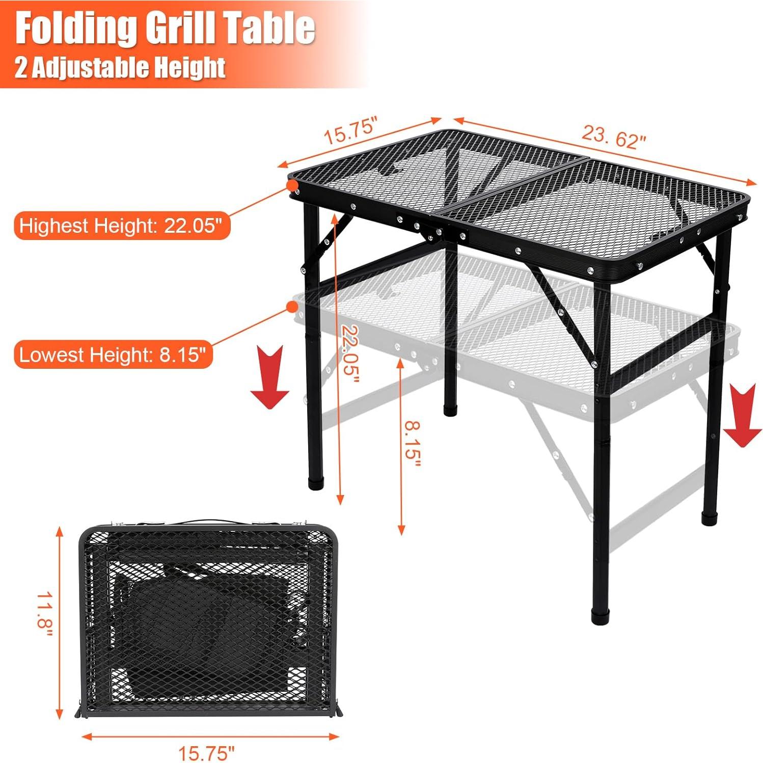 QuliMetal Small Portable Folding Grill Table with Adjustable Height & Mesh Desktop, Lightweight Camping Table – Perfect for BBQ, Picnic, Beach, & Indoor Use – Compact, Durable & Easy to Carry, Black