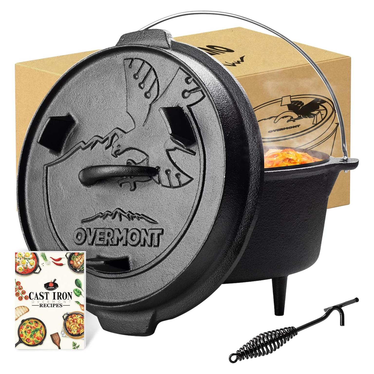 Overmont Camp Dutch Oven Pre Seasoned Cast Iron Lid Also a Skillet Casserole Pot with Lid Lifter for Camping Cooking BBQ Baking 6QT(Pot+Lid)