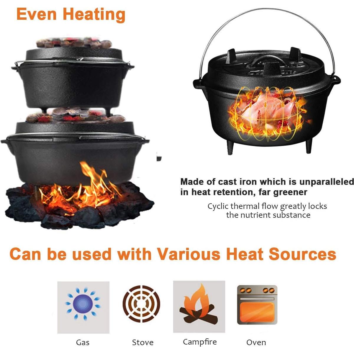 Overmont Camp Dutch Oven Pre Seasoned Cast Iron Lid Also a Skillet Casserole Pot with Lid Lifter for Camping Cooking BBQ Baking 6QT(Pot+Lid)