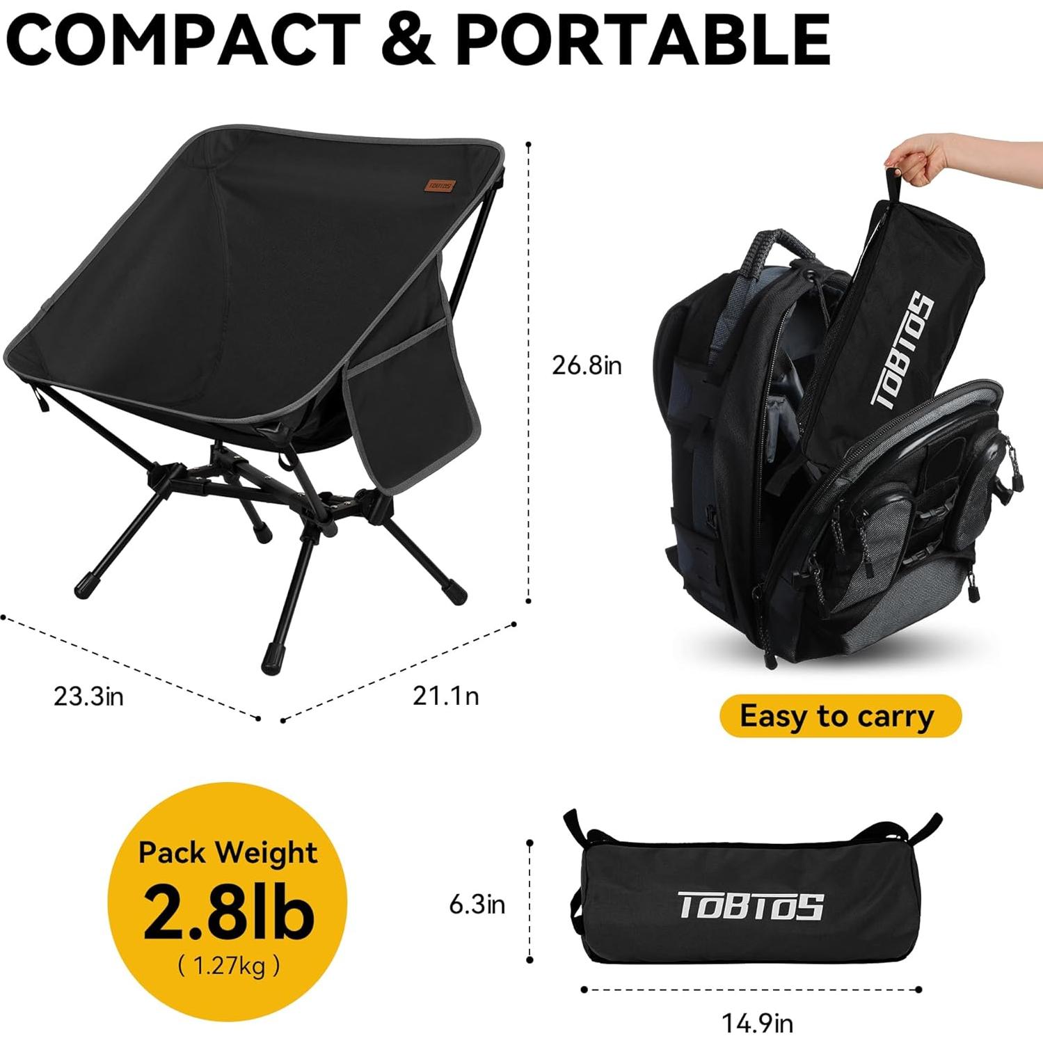 Silla de Camping Ultraligera TOBTOS Plegable 1.27 kg Negro