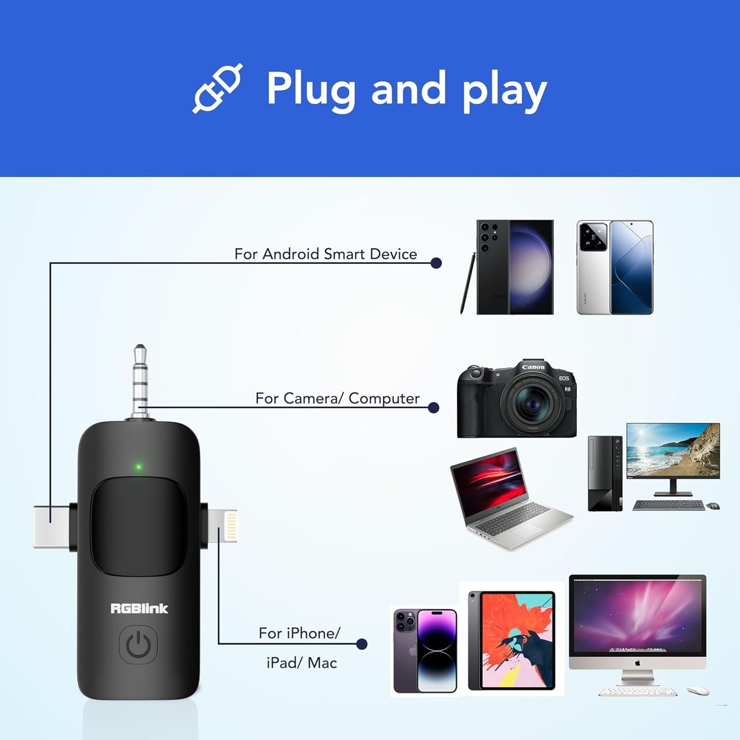 Micrófono Lavalier Inalámbrico RGBlink K2 3 en 1 para YouTube