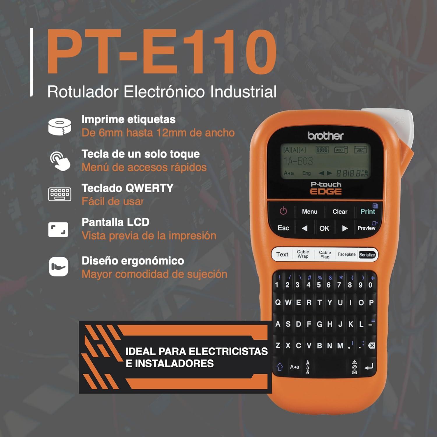 Impresora de Etiquetas Brother PTE110 Portátil 12mm Naranja