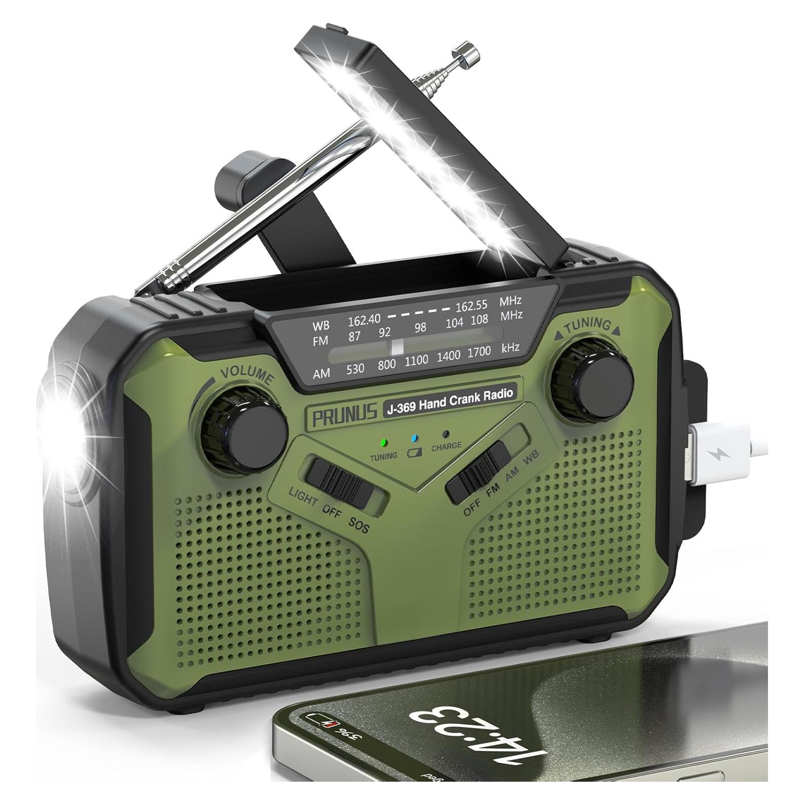 PRUNUS J-369 11100mWh Emergency Weather Radio, AA Batteries/Hand Crank/Solar/USB Charging, NOAA/AM/FM, LED Flashlight and Reading Lamp,SOS Alarm & Flashlight