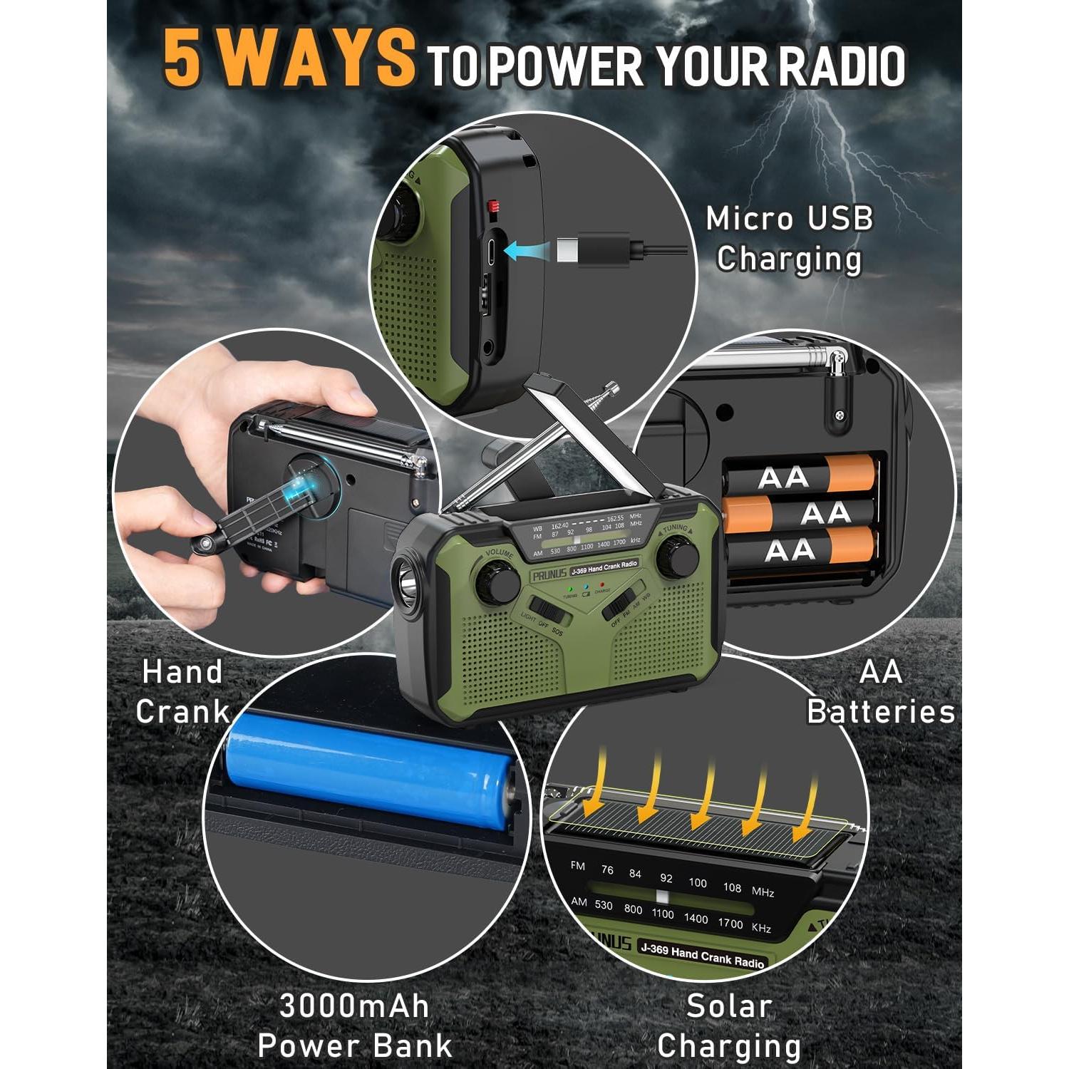 PRUNUS J-369 11100mWh Emergency Weather Radio, AA Batteries/Hand Crank/Solar/USB Charging, NOAA/AM/FM, LED Flashlight and Reading Lamp,SOS Alarm & Flashlight