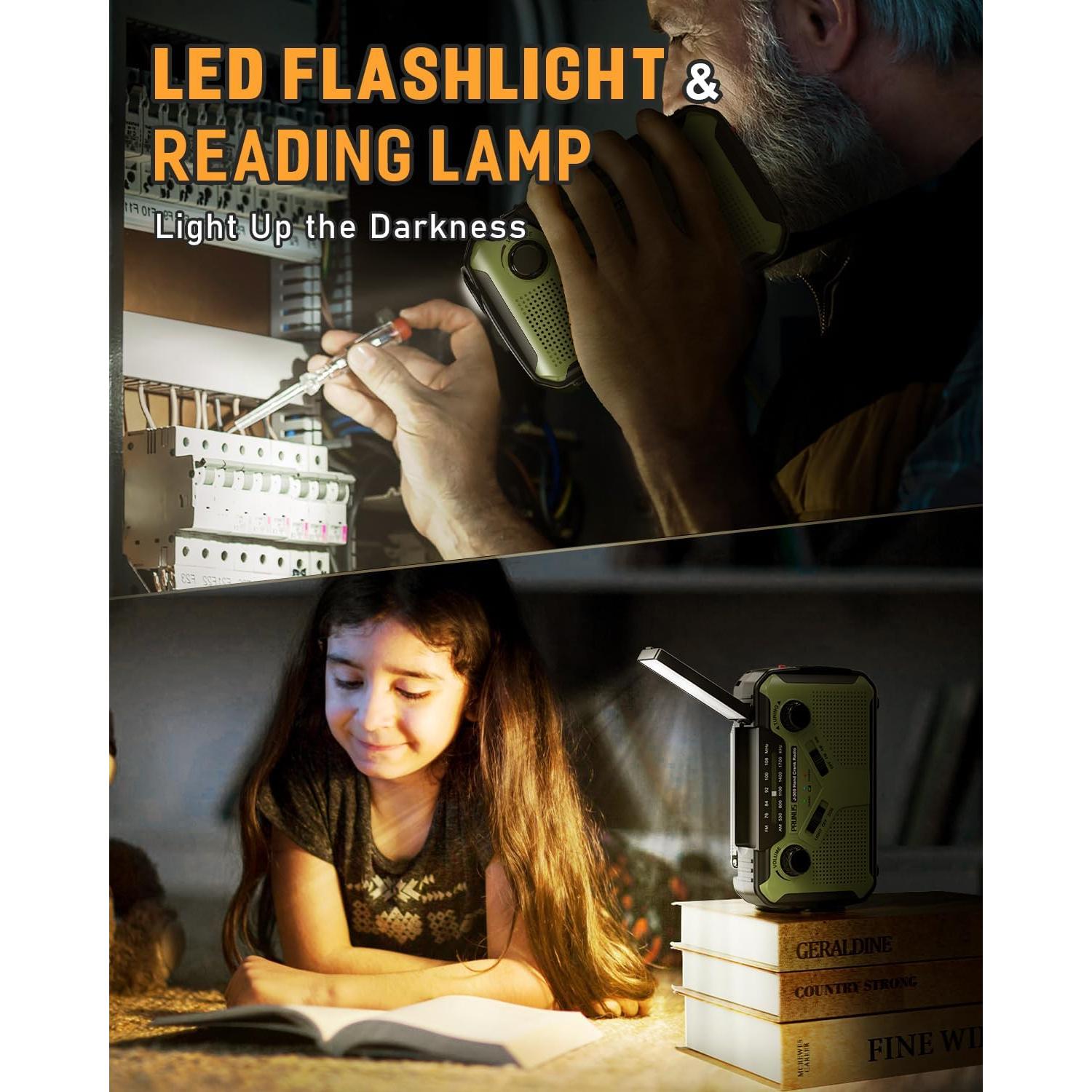 PRUNUS J-369 11100mWh Emergency Weather Radio, AA Batteries/Hand Crank/Solar/USB Charging, NOAA/AM/FM, LED Flashlight and Reading Lamp,SOS Alarm & Flashlight