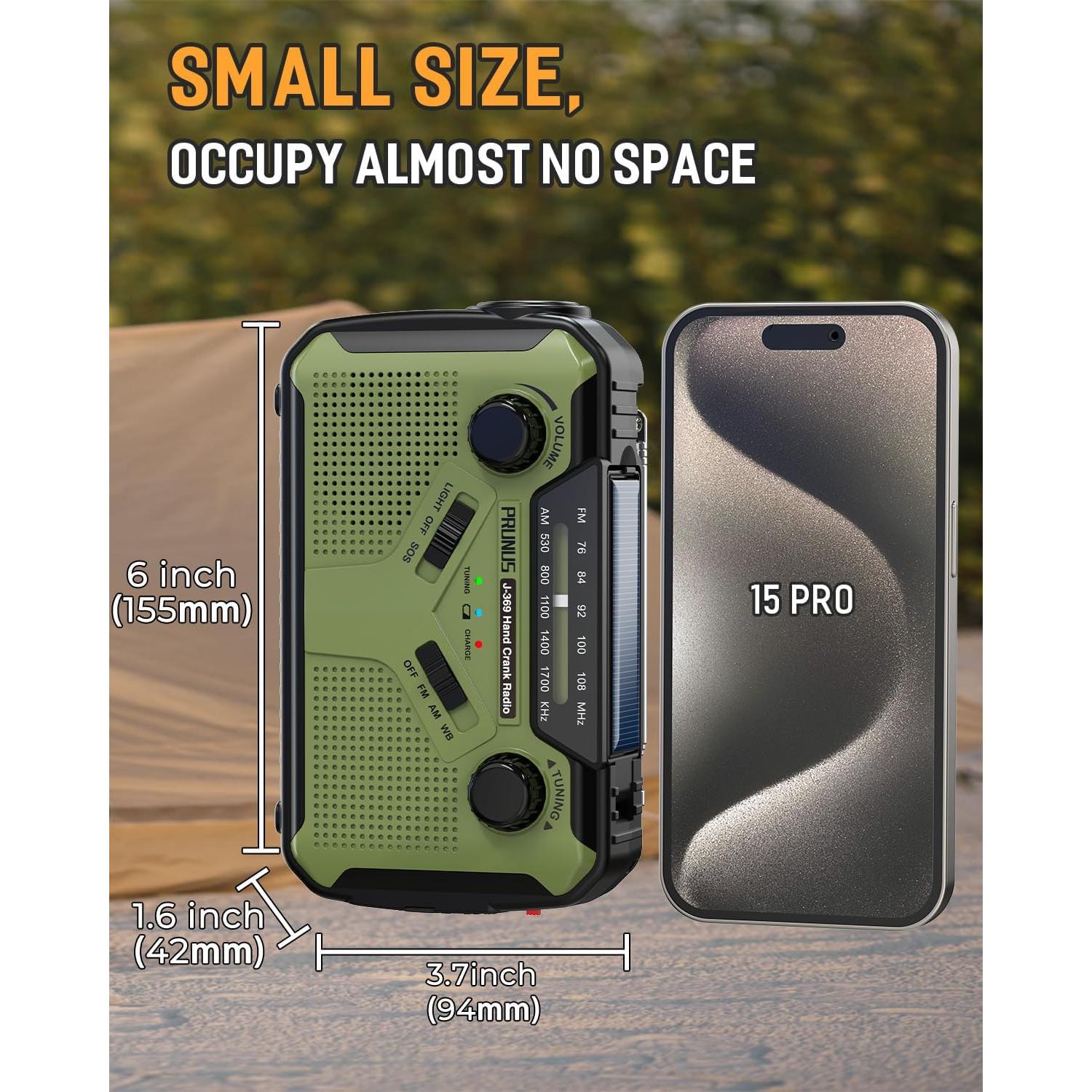 PRUNUS J-369 11100mWh Emergency Weather Radio, AA Batteries/Hand Crank/Solar/USB Charging, NOAA/AM/FM, LED Flashlight and Reading Lamp,SOS Alarm & Flashlight