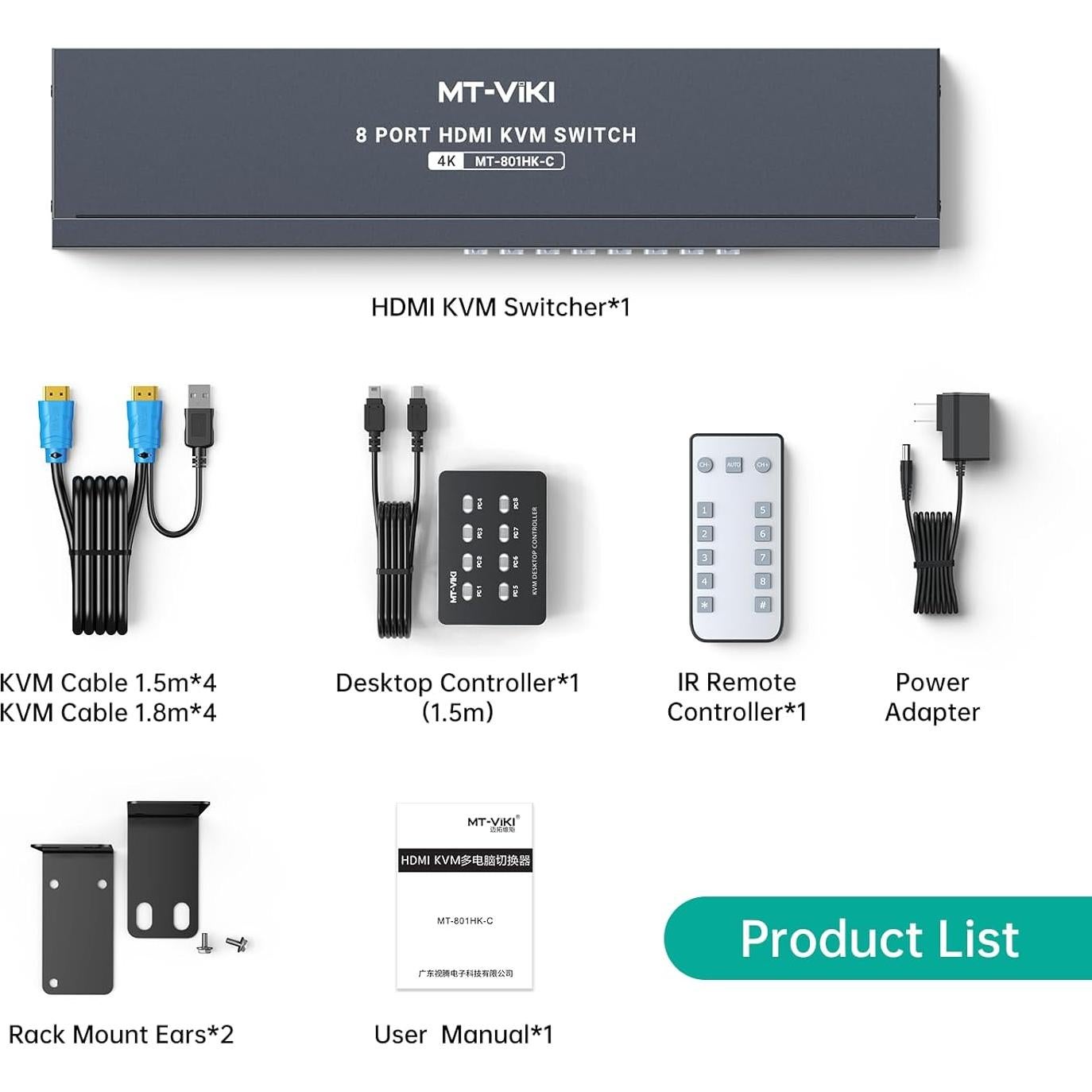 Interruptor KVM HDMI 8 Puertos MT-VIKI 4K 30Hz Rack 1U
