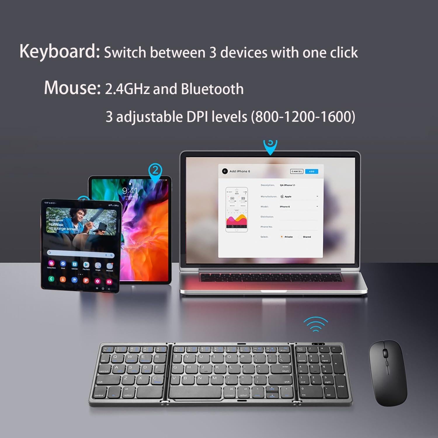 Teclado y Ratón Bluetooth Plegables MUXQMOR con Soporte 360°