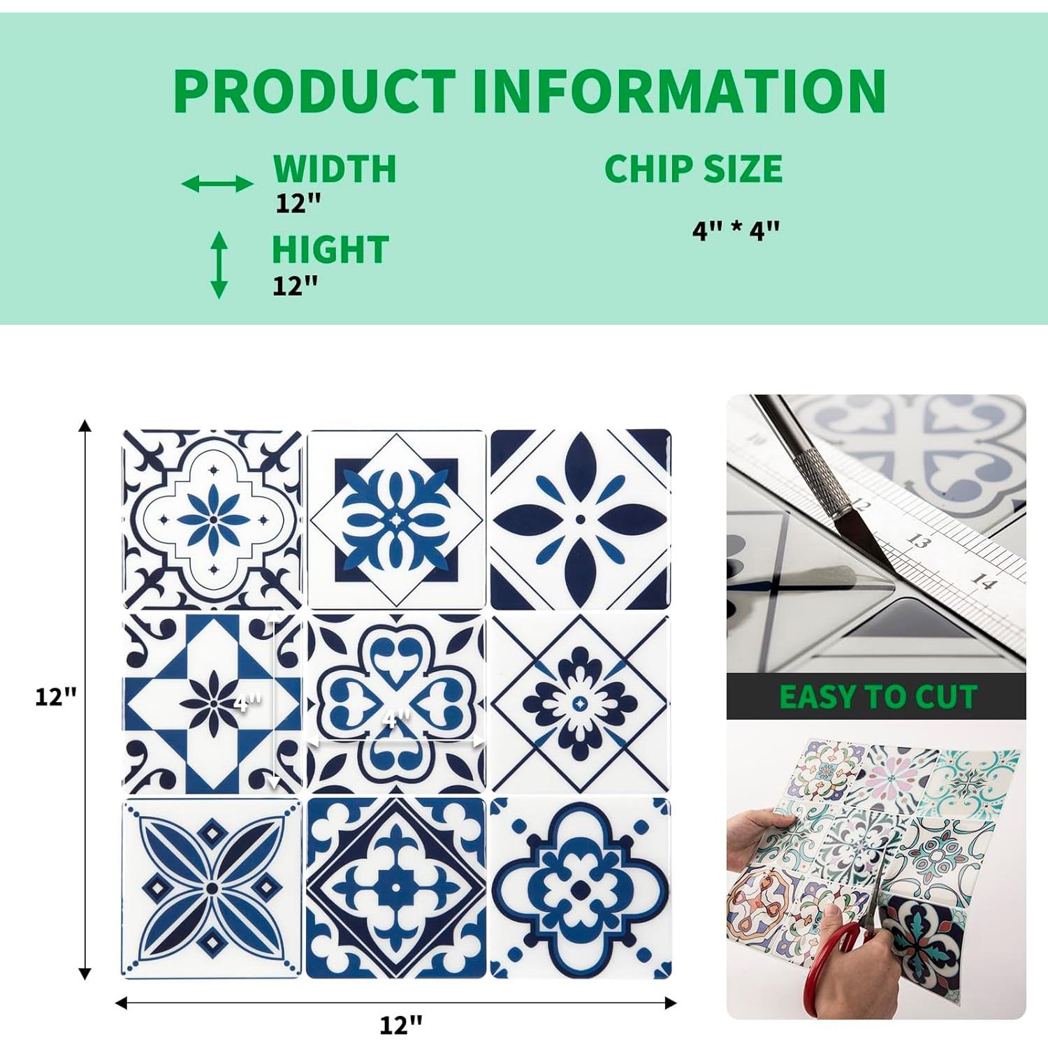 Azulejos Autoadhesivos LONGKING 10 Hojas Geométrico Azul