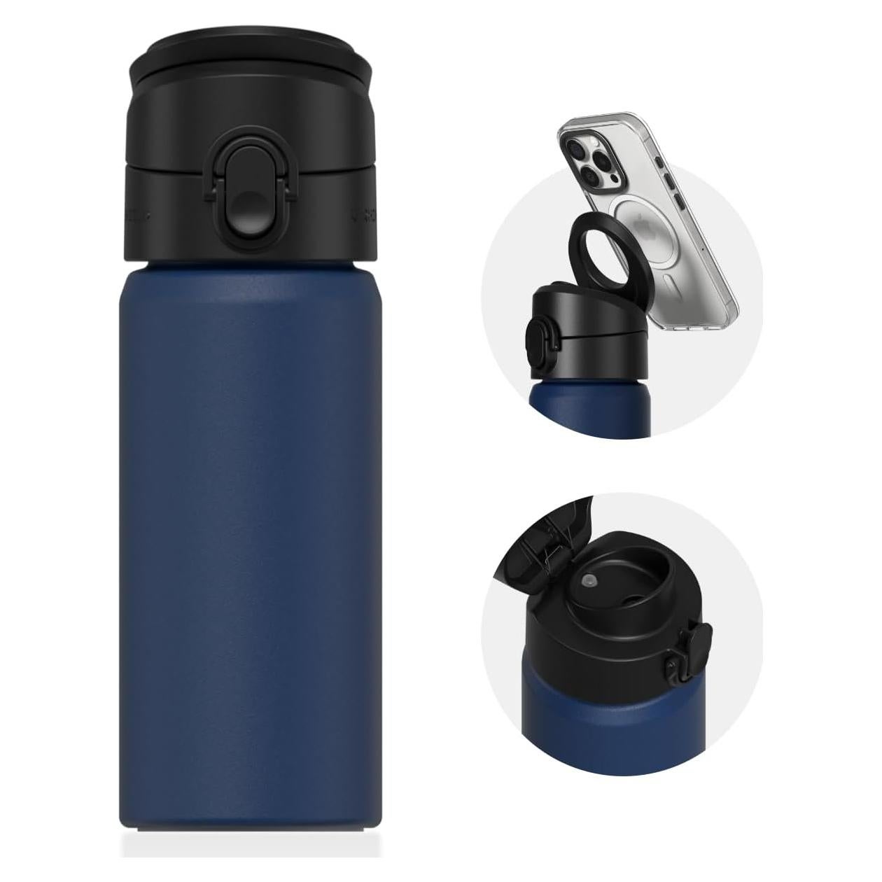 RHINOSHIELD AquaStand Magnetic Bottle 16 oz | Round Mouth Stainless Steel Insulated Water Bottle, Sport Bottle with MagSafe Compatible Handle, Tripod with Adjustable Angles, Leak Proof - Midnight Blue