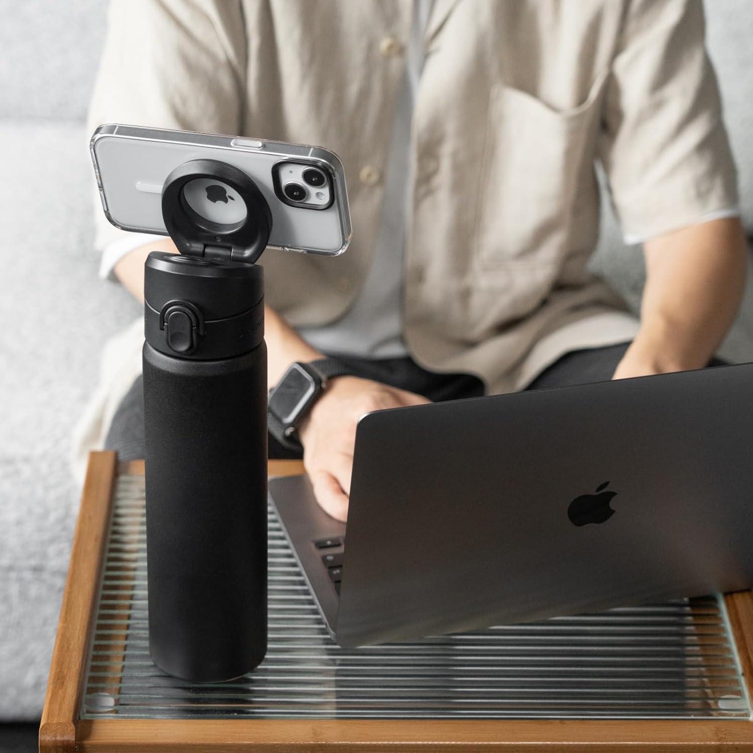 RHINOSHIELD AquaStand Magnetic Bottle 16 oz | Round Mouth Stainless Steel Insulated Water Bottle, Sport Bottle with MagSafe Compatible Handle, Tripod with Adjustable Angles, Leak Proof - Midnight Blue