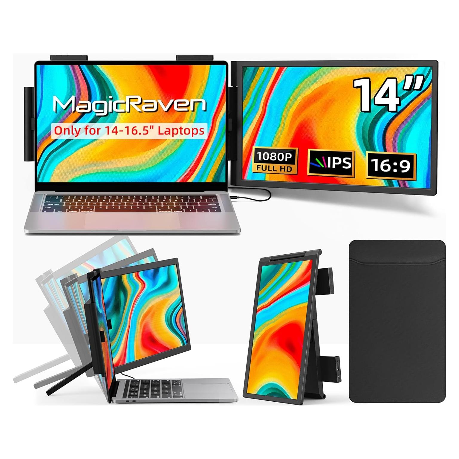 Laptop Screen Extender, 14" 1080P IPS Portable Monitor Travel Monitor for 14-16.5" Laptops with USB-C/HDMI Port, Plug and Play Attachment Screen for Windows/Mac/Android/Switch/PS5/Xbox