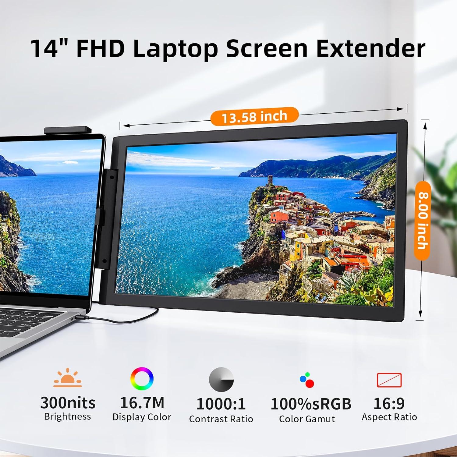 Laptop Screen Extender, 14" 1080P IPS Portable Monitor Travel Monitor for 14-16.5" Laptops with USB-C/HDMI Port, Plug and Play Attachment Screen for Windows/Mac/Android/Switch/PS5/Xbox