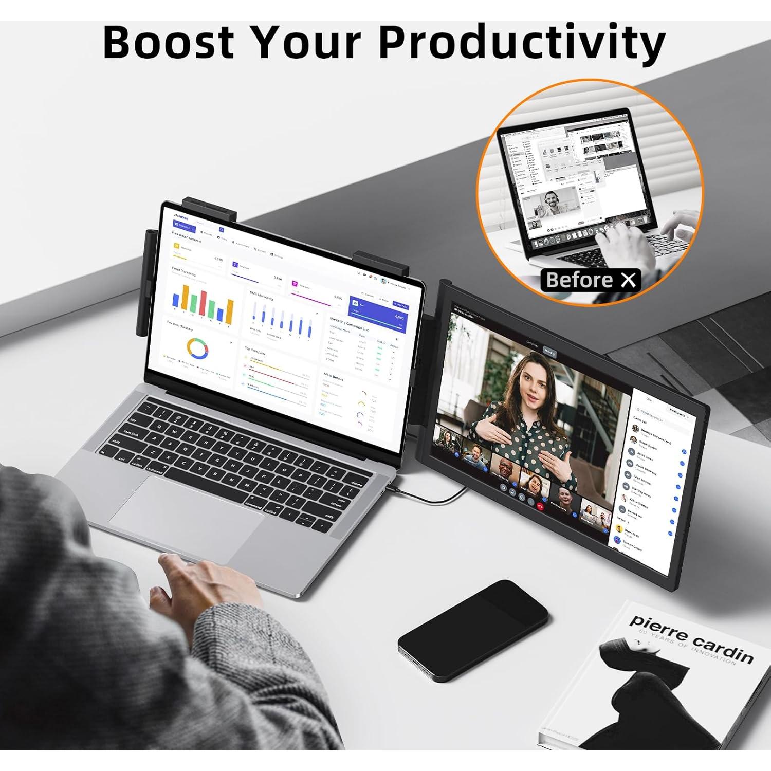 Laptop Screen Extender, 14" 1080P IPS Portable Monitor Travel Monitor for 14-16.5" Laptops with USB-C/HDMI Port, Plug and Play Attachment Screen for Windows/Mac/Android/Switch/PS5/Xbox