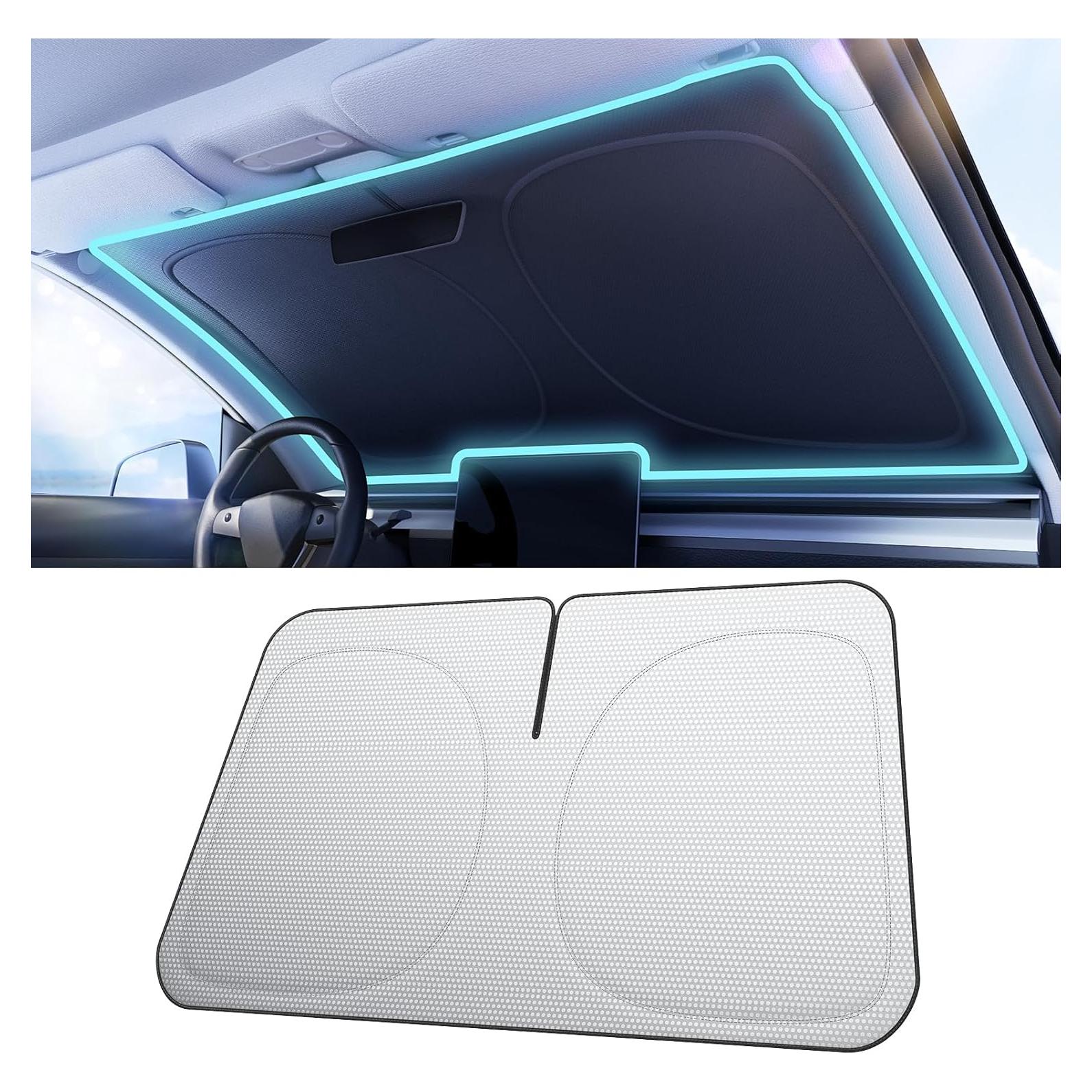 [2025 Upgraded] Nmoiss Car Windshield Sun Shade [Dot Matrix Reflective Coating] Extended Edge No Light Leakage Design Cooling Protect Car Interior from UV Damage-Model3