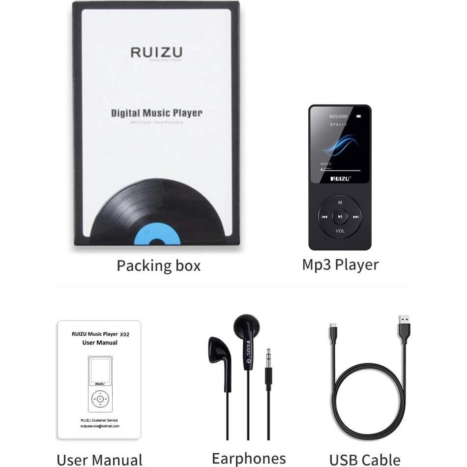 RUIZU 16GB MP3 Player with Bluetooth 5.3, 1.8" Screen Portable Music Player with FM Radio, Voice Recorder, 80H Audio Shuffle Playback, Lightweight for Sport Running, Expanded Up to 128GB Micro SD Card