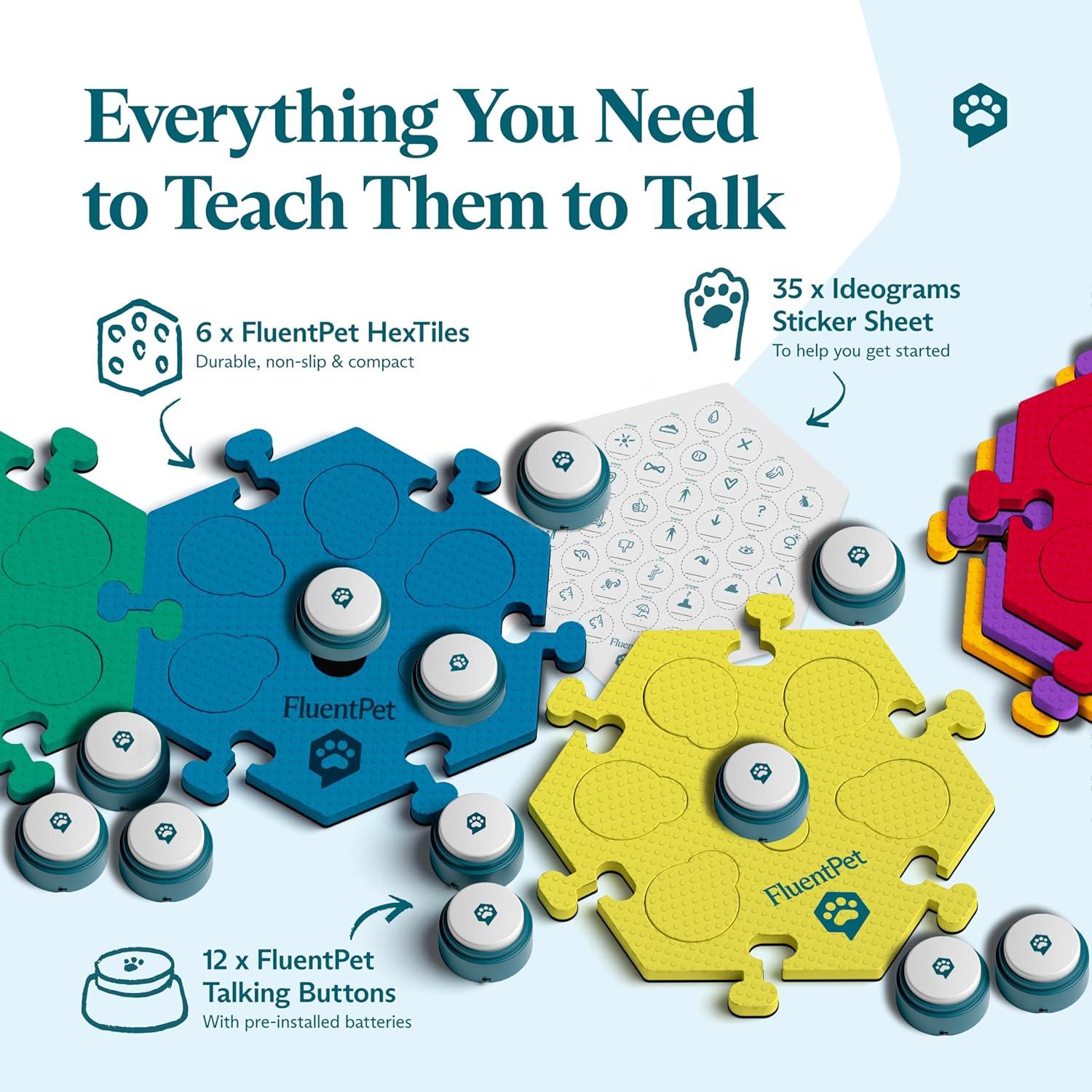 Kit de Vocabulario Básico FluentPet - 12 Botones Hablantes y 6 HexTiles