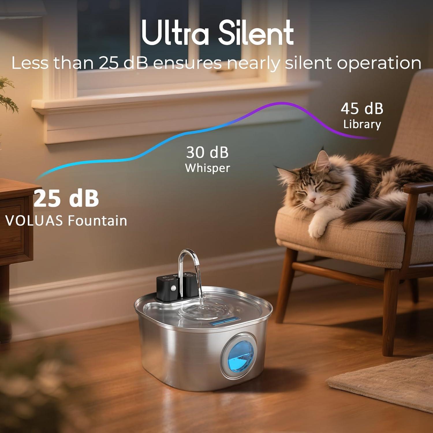 Fuente de Agua Inalámbrica Voluas para Gatos 3.2L Acero Inoxidable