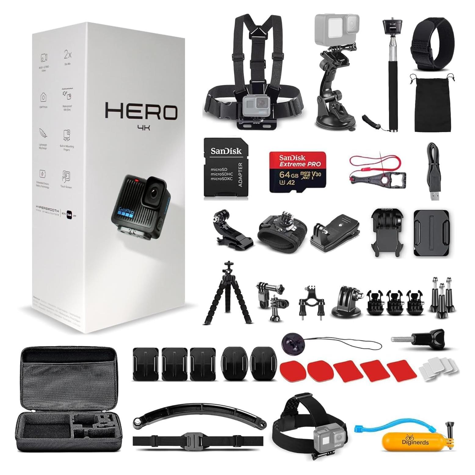 Cámara de Acción GoPro HERO Negra 4K 12MP Impermeable + Accesorios