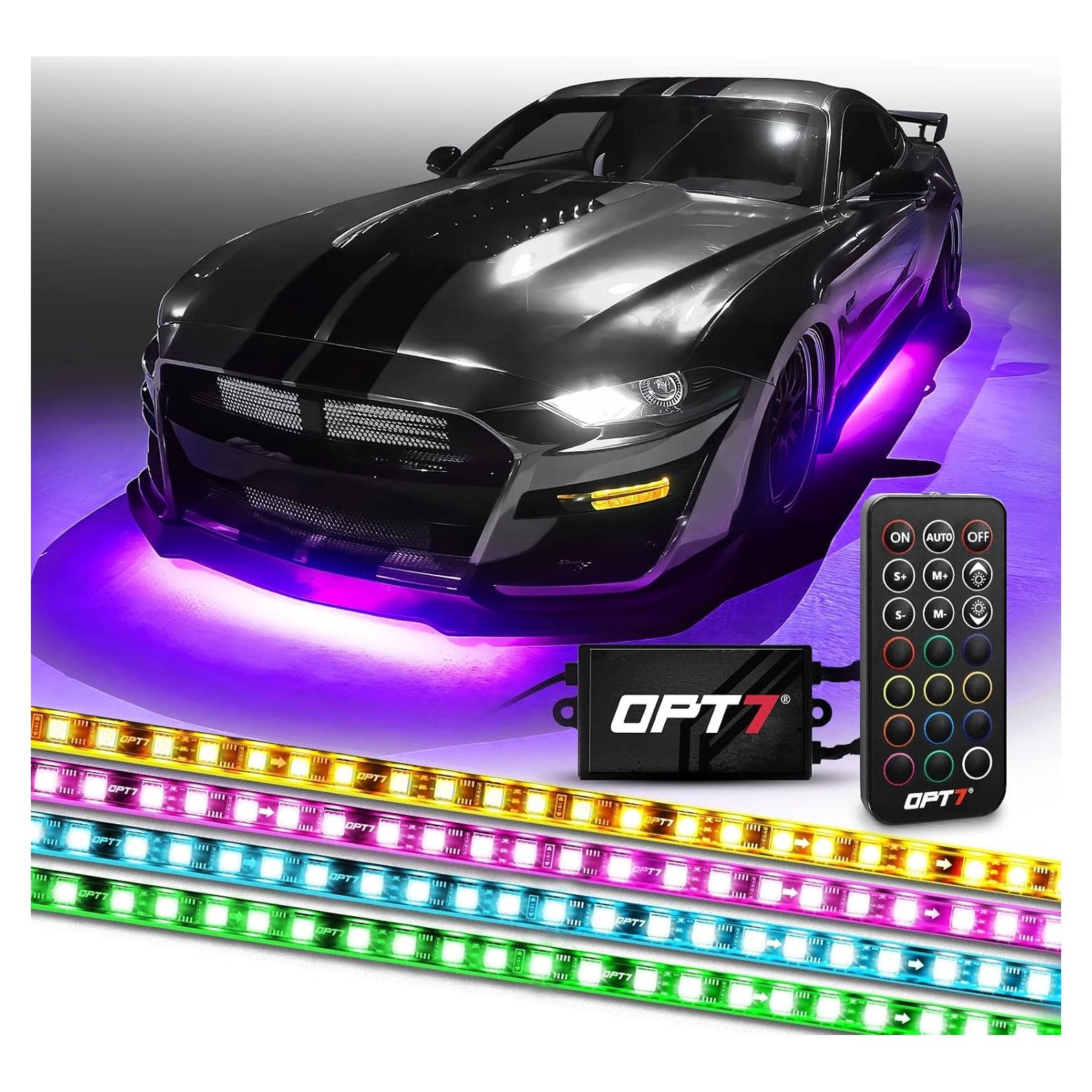 OPT7 Aura Flexible Underglow Car Lights with APP & Remote Control, Exterior Neon Accent Underbody Lighting Kit, 4 PCS RGB LED Light Strips for Cars Trucks RV, Waterproof, Multi Colors Music Mode, 12V