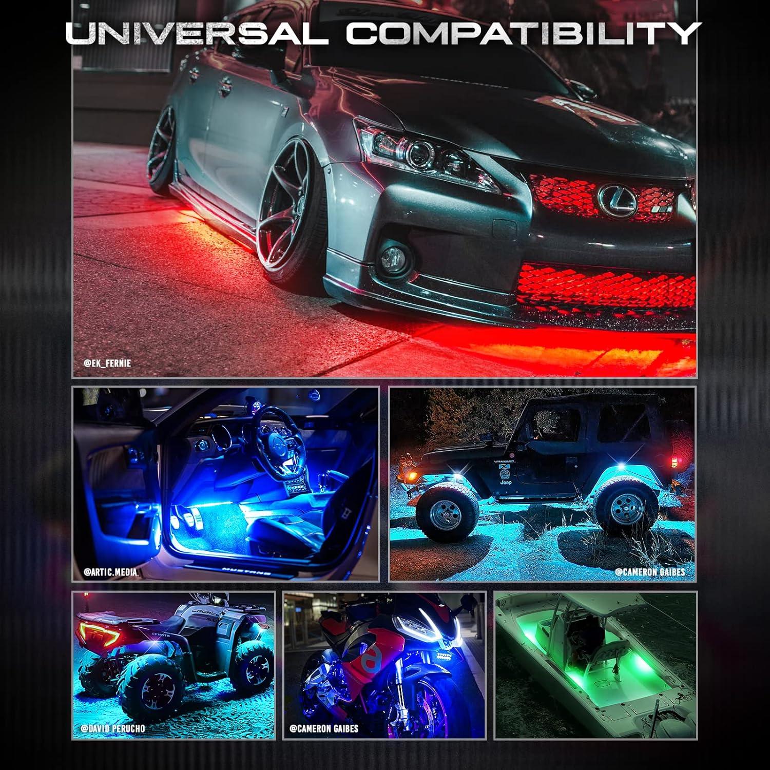 OPT7 Aura Flexible Underglow Car Lights with APP & Remote Control, Exterior Neon Accent Underbody Lighting Kit, 4 PCS RGB LED Light Strips for Cars Trucks RV, Waterproof, Multi Colors Music Mode, 12V