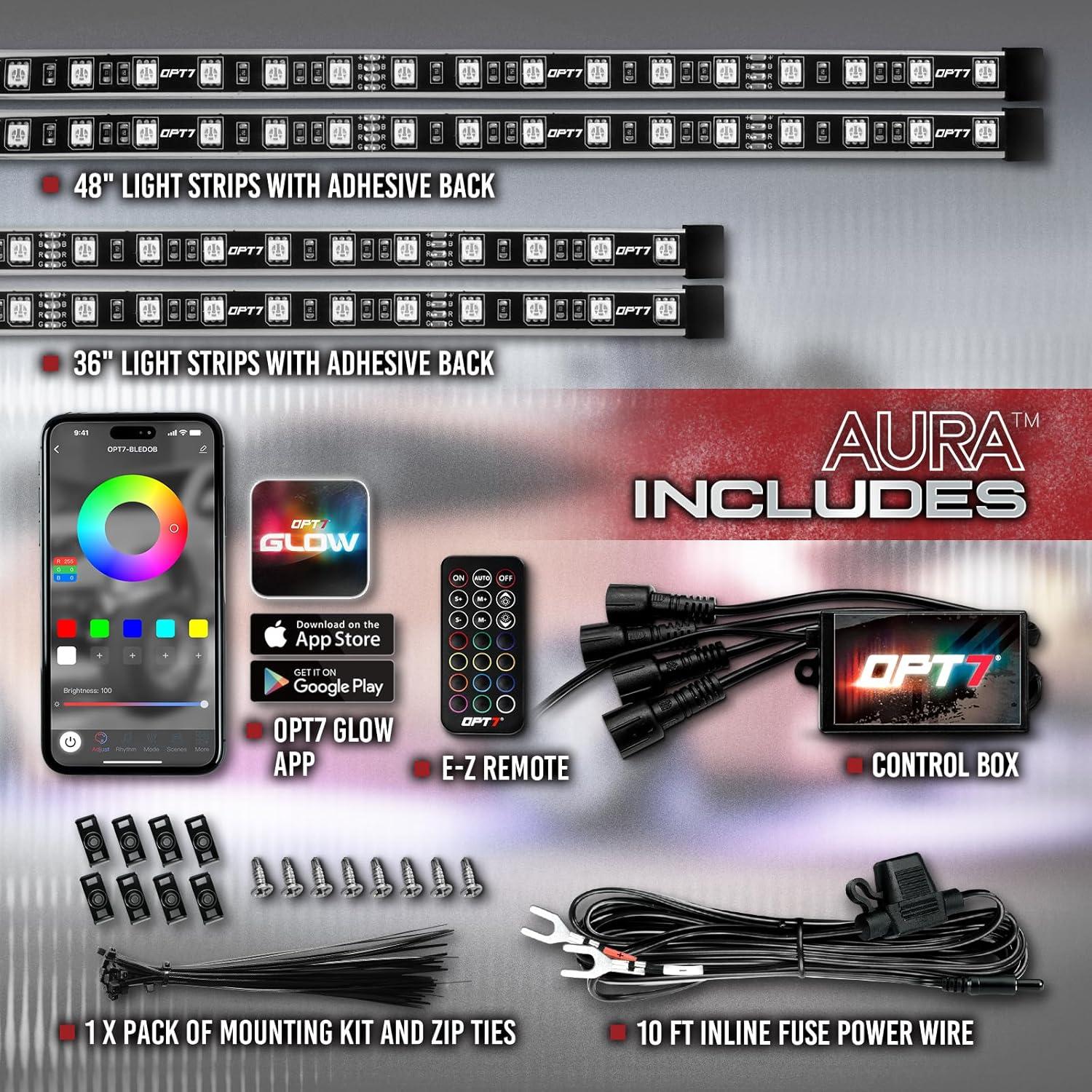 OPT7 Aura Flexible Underglow Car Lights with APP & Remote Control, Exterior Neon Accent Underbody Lighting Kit, 4 PCS RGB LED Light Strips for Cars Trucks RV, Waterproof, Multi Colors Music Mode, 12V