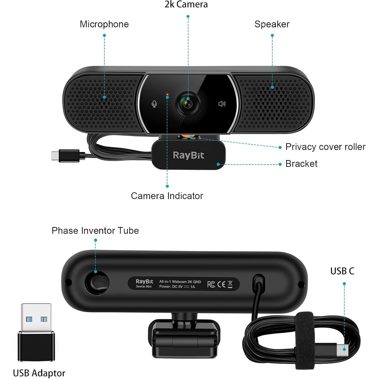 Cámara Web USB C 2K HD RayBit SeeUpMini con Micrófono y Altavoz