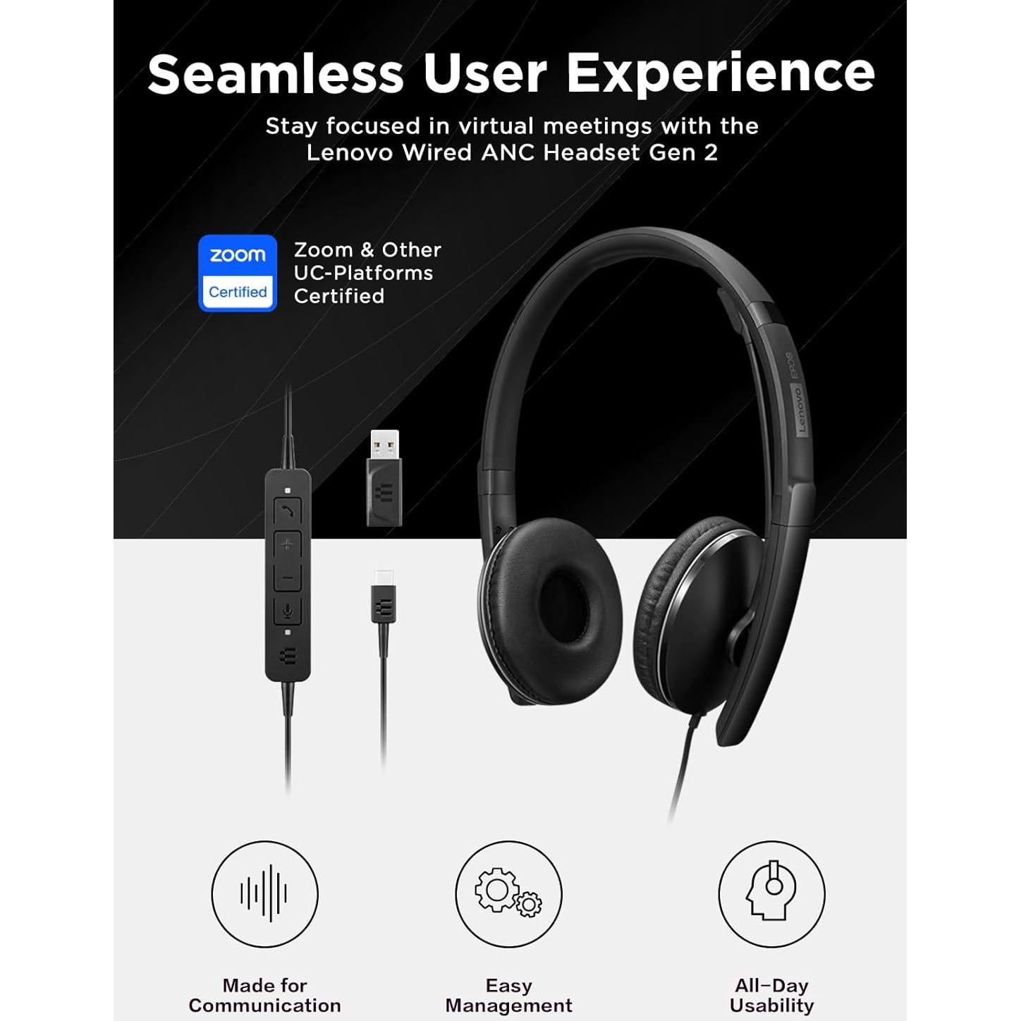 Auriculares con cable Lenovo ANC Gen 2 USB-C y USB-A