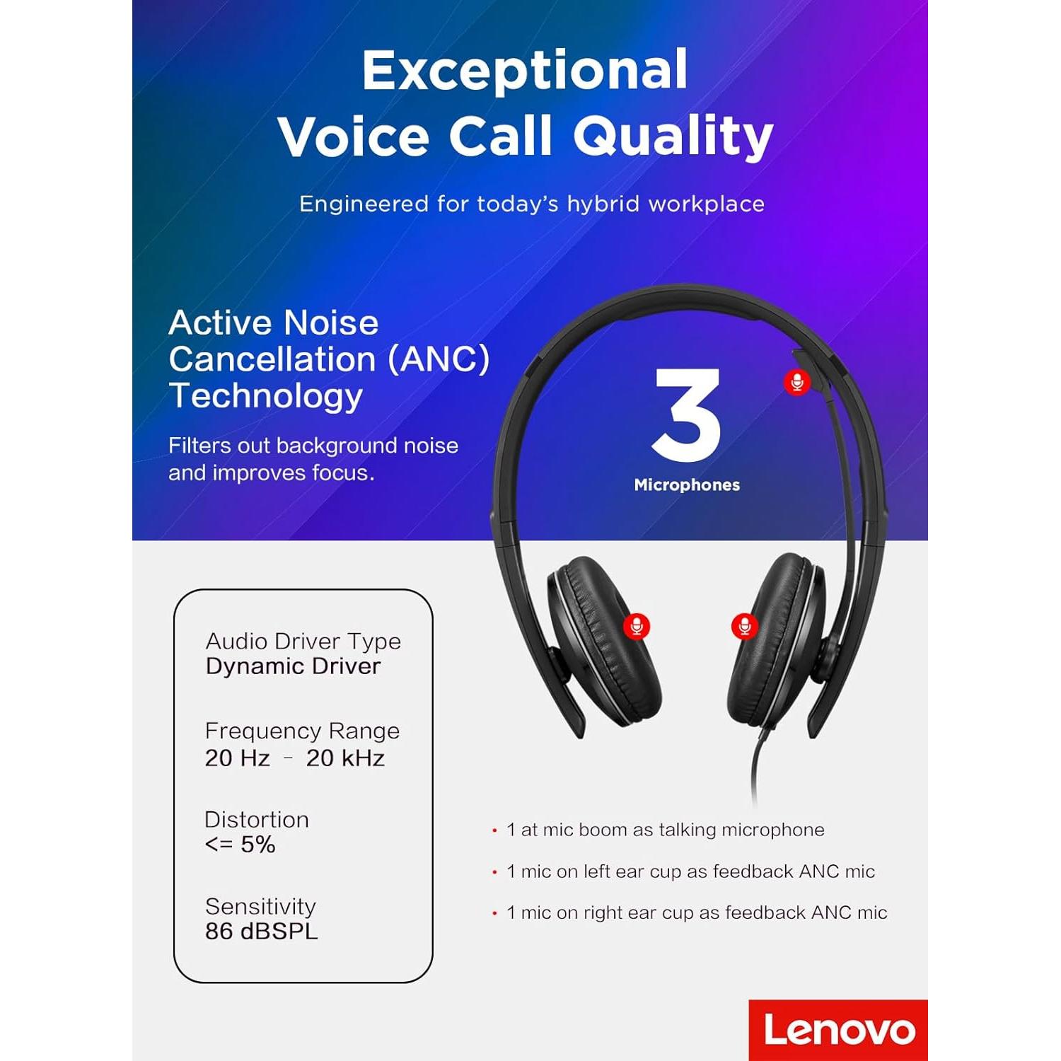 Auriculares con cable Lenovo ANC Gen 2 USB-C y USB-A