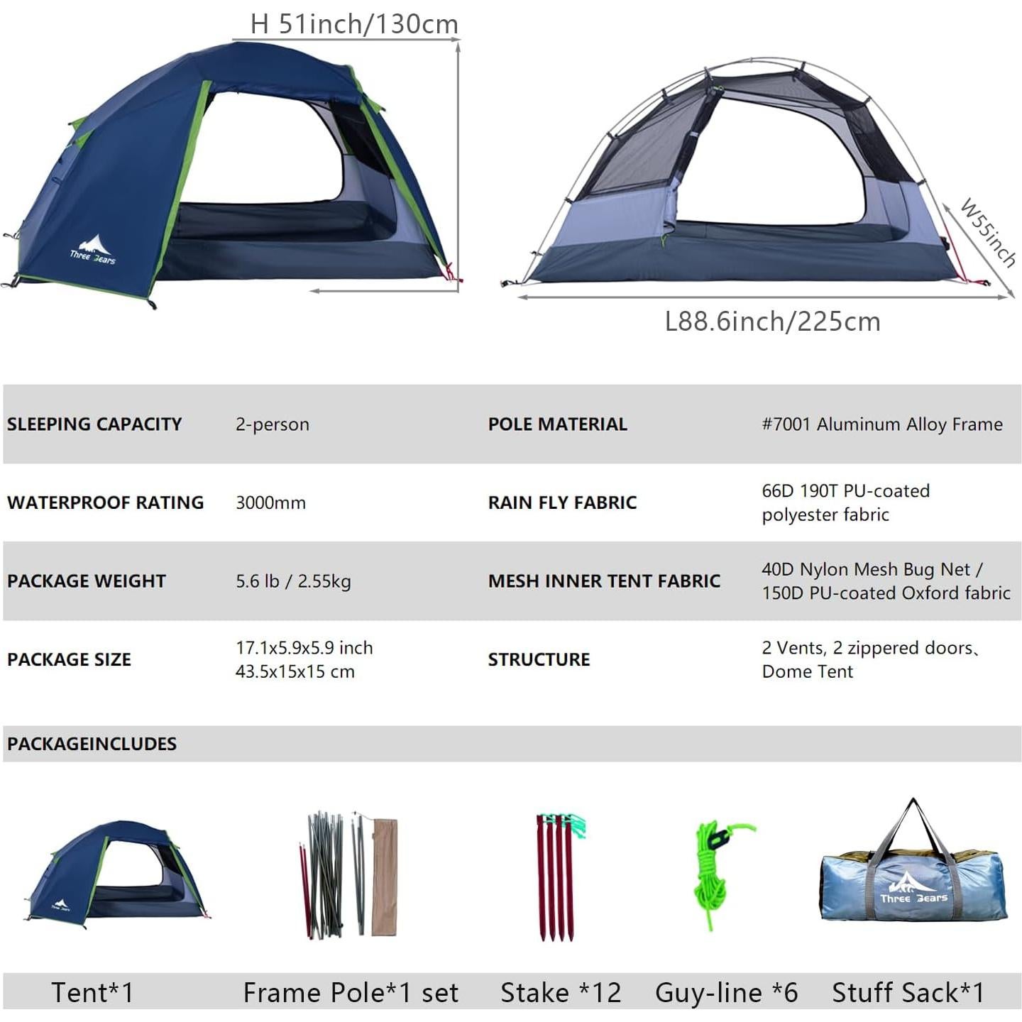 Carpa de Camping Tres Osos L01-2P para 2 Personas Impermeable
