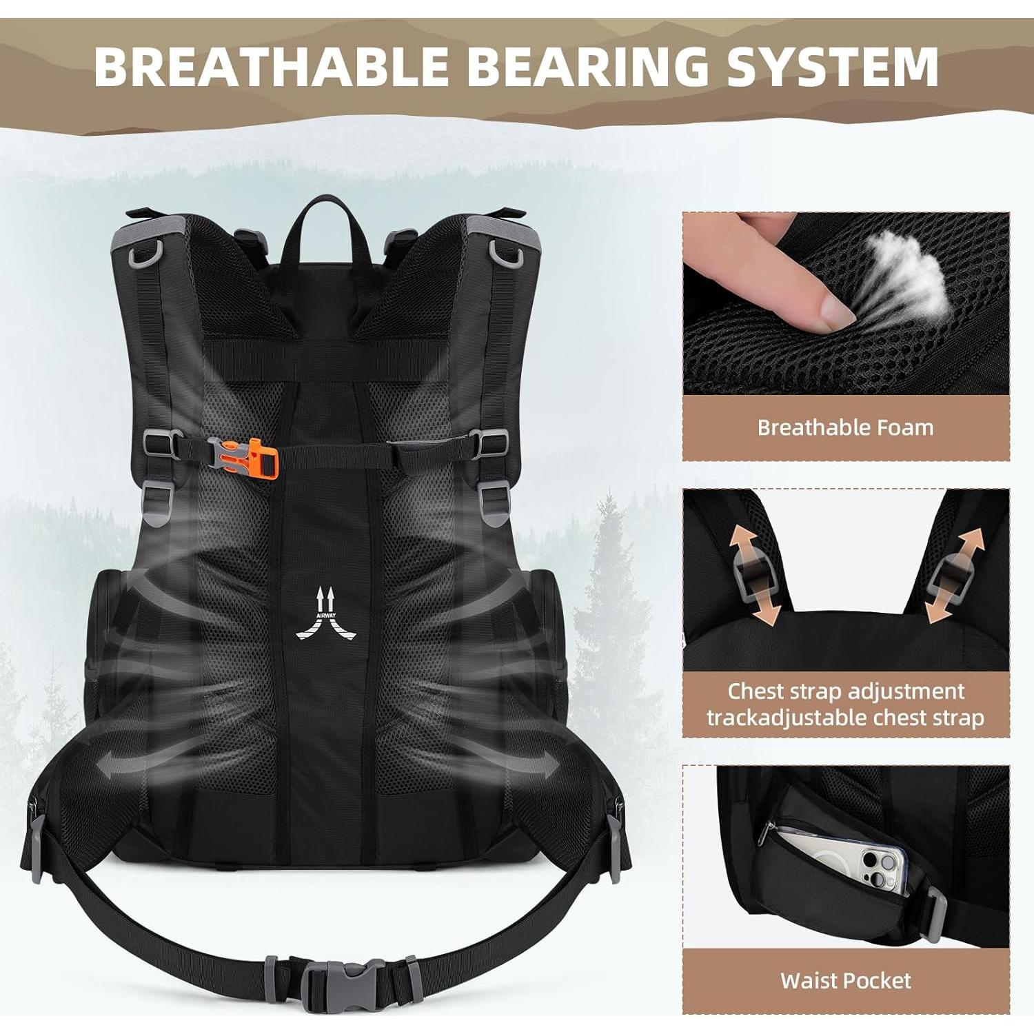 Maelstrom Hiking Backpack, 40L Waterproof Camping Daypack for Men and Women, Lightweight Travel Pack with Rain Cover-Black