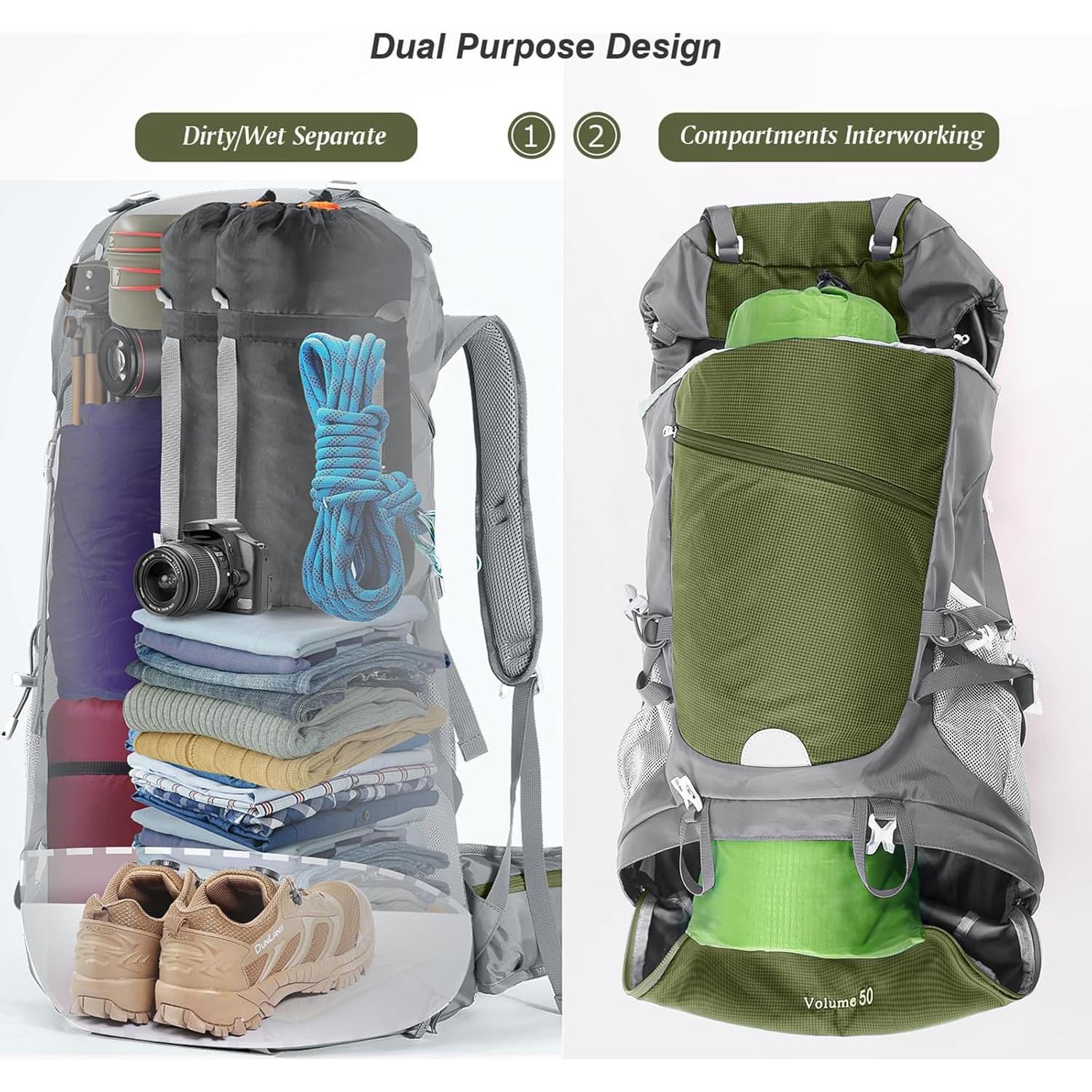 Mochila de Senderismo HOMIEE 50L Impermeable Verde Militar