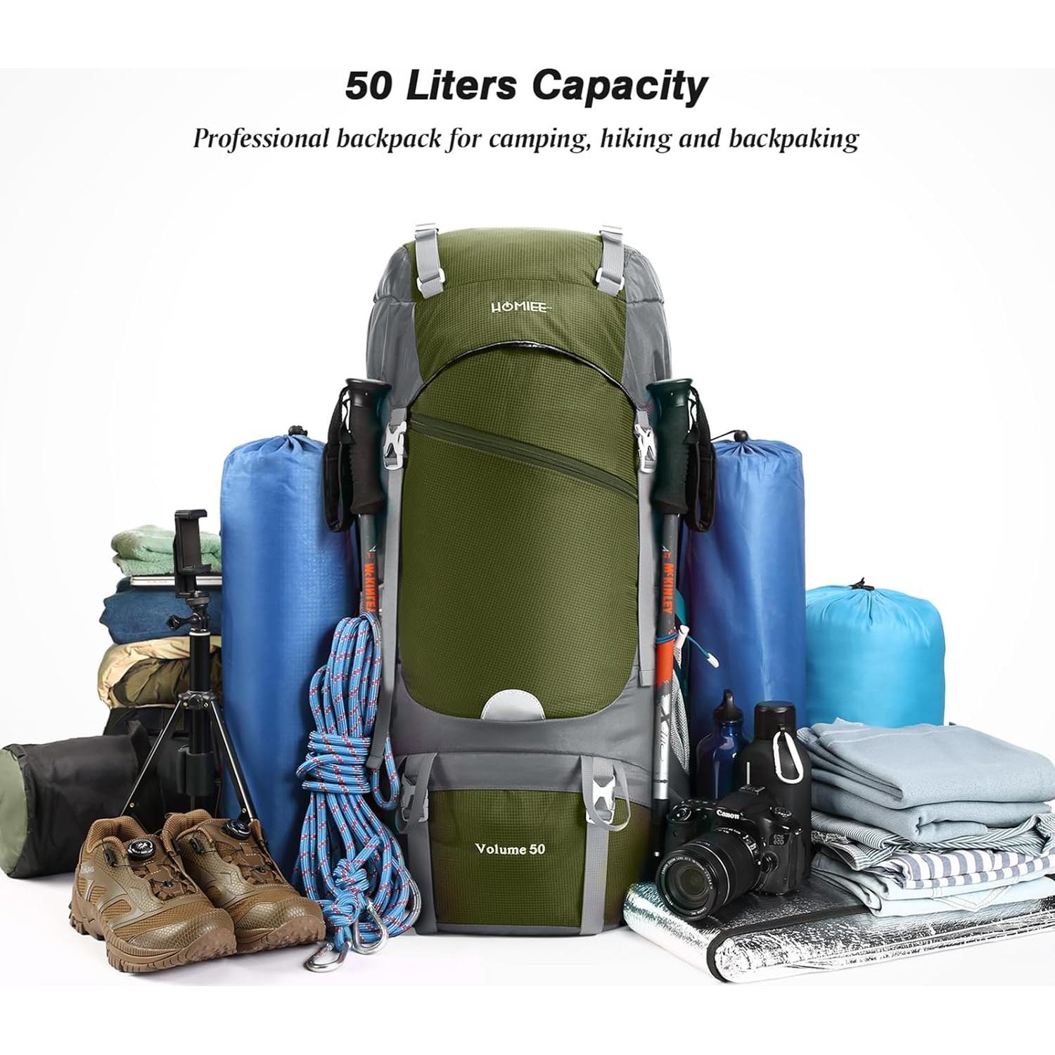Mochila de Senderismo HOMIEE 50L Impermeable Verde Militar