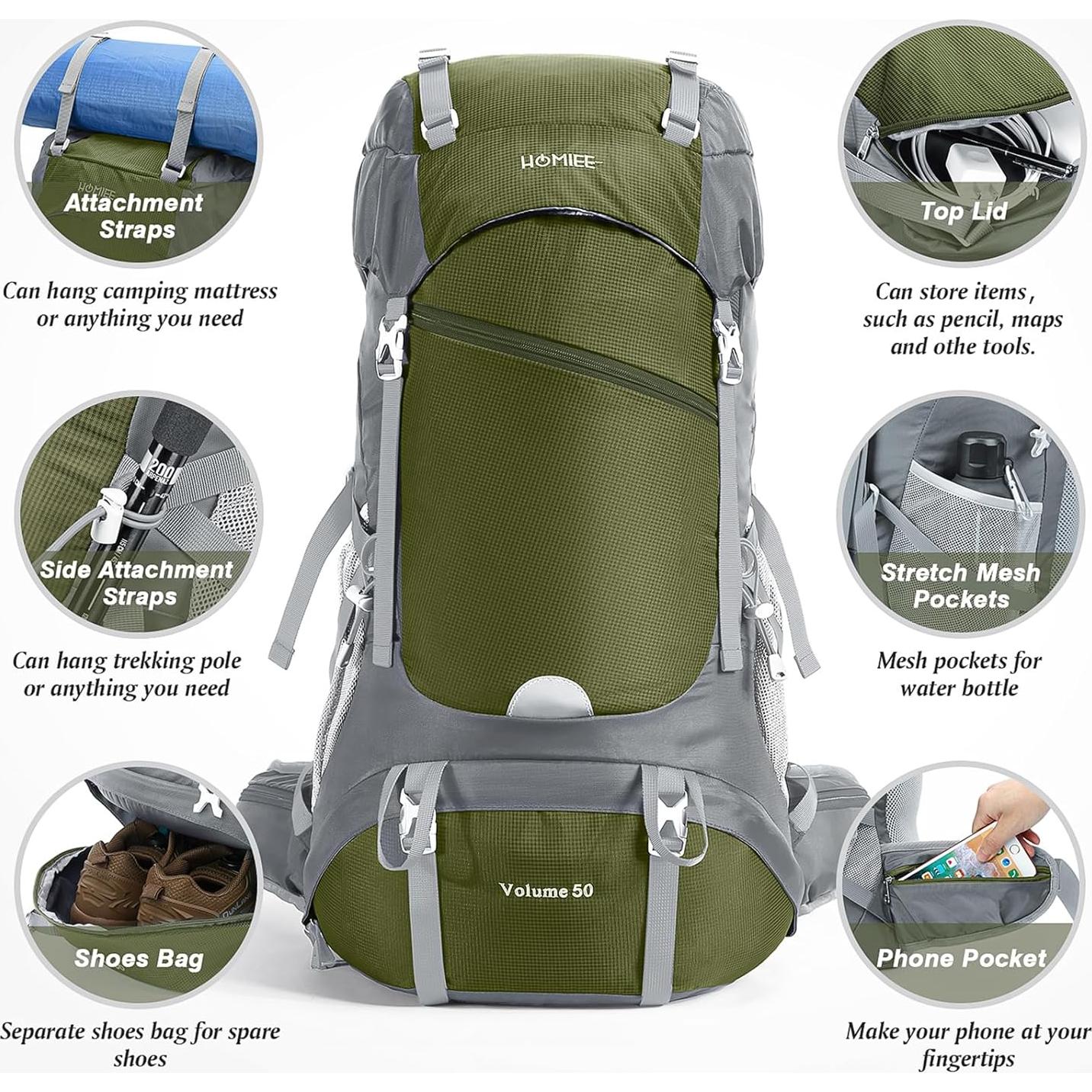Mochila de Senderismo HOMIEE 50L Impermeable Verde Militar