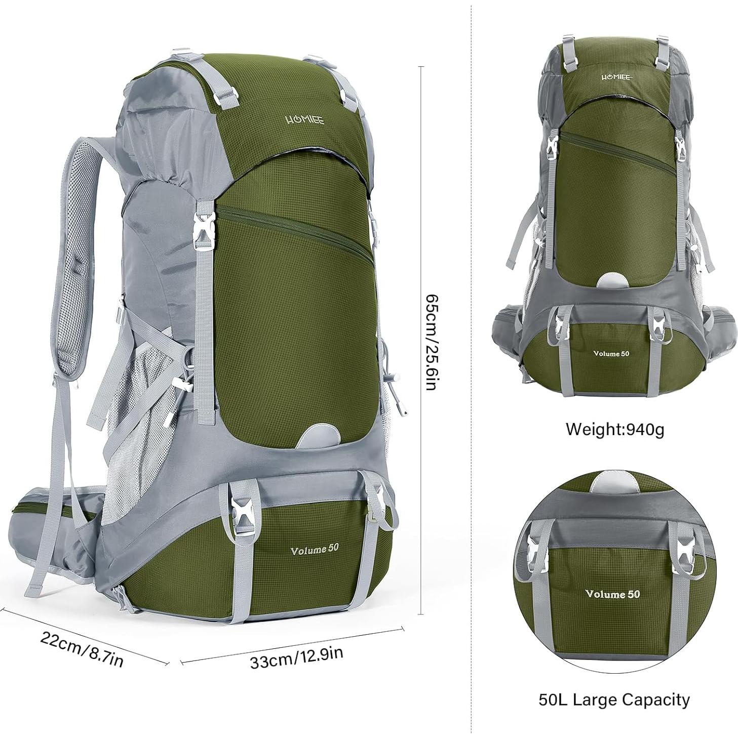 Mochila de Senderismo HOMIEE 50L Impermeable Verde Militar