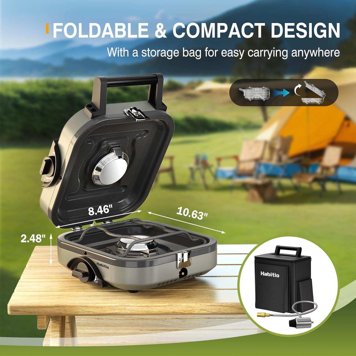 2-Burner Camping Stove Foldable, Portable Propane Camp Stove with 16000 BTU Adjustable Burners and Piezo Ignition, Folding Stove with Carry Bag & Handle for Camping, Tailgating, Backyard BBQ