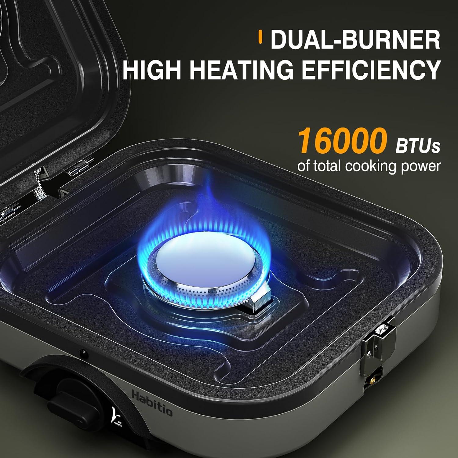 2-Burner Camping Stove Foldable, Portable Propane Camp Stove with 16000 BTU Adjustable Burners and Piezo Ignition, Folding Stove with Carry Bag & Handle for Camping, Tailgating, Backyard BBQ