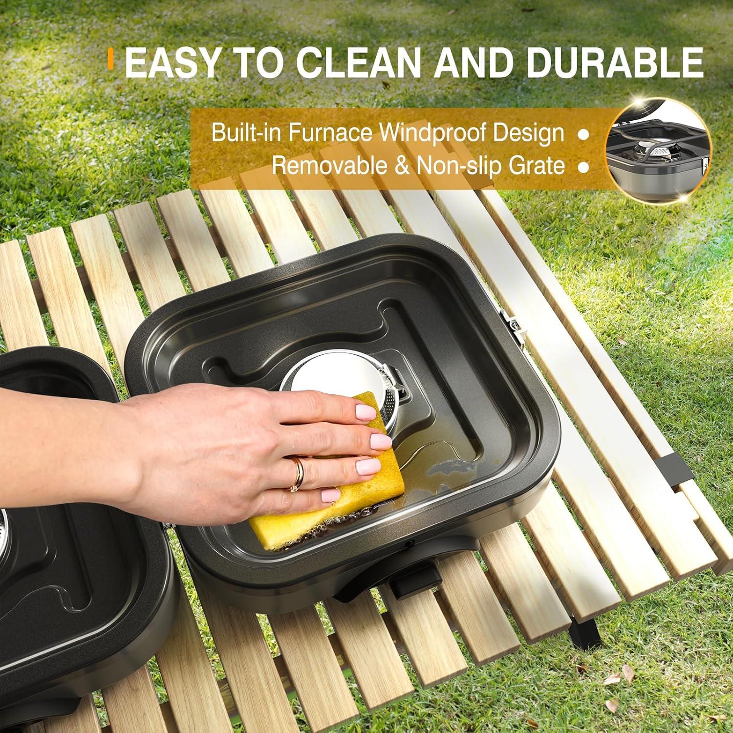 2-Burner Camping Stove Foldable, Portable Propane Camp Stove with 16000 BTU Adjustable Burners and Piezo Ignition, Folding Stove with Carry Bag & Handle for Camping, Tailgating, Backyard BBQ