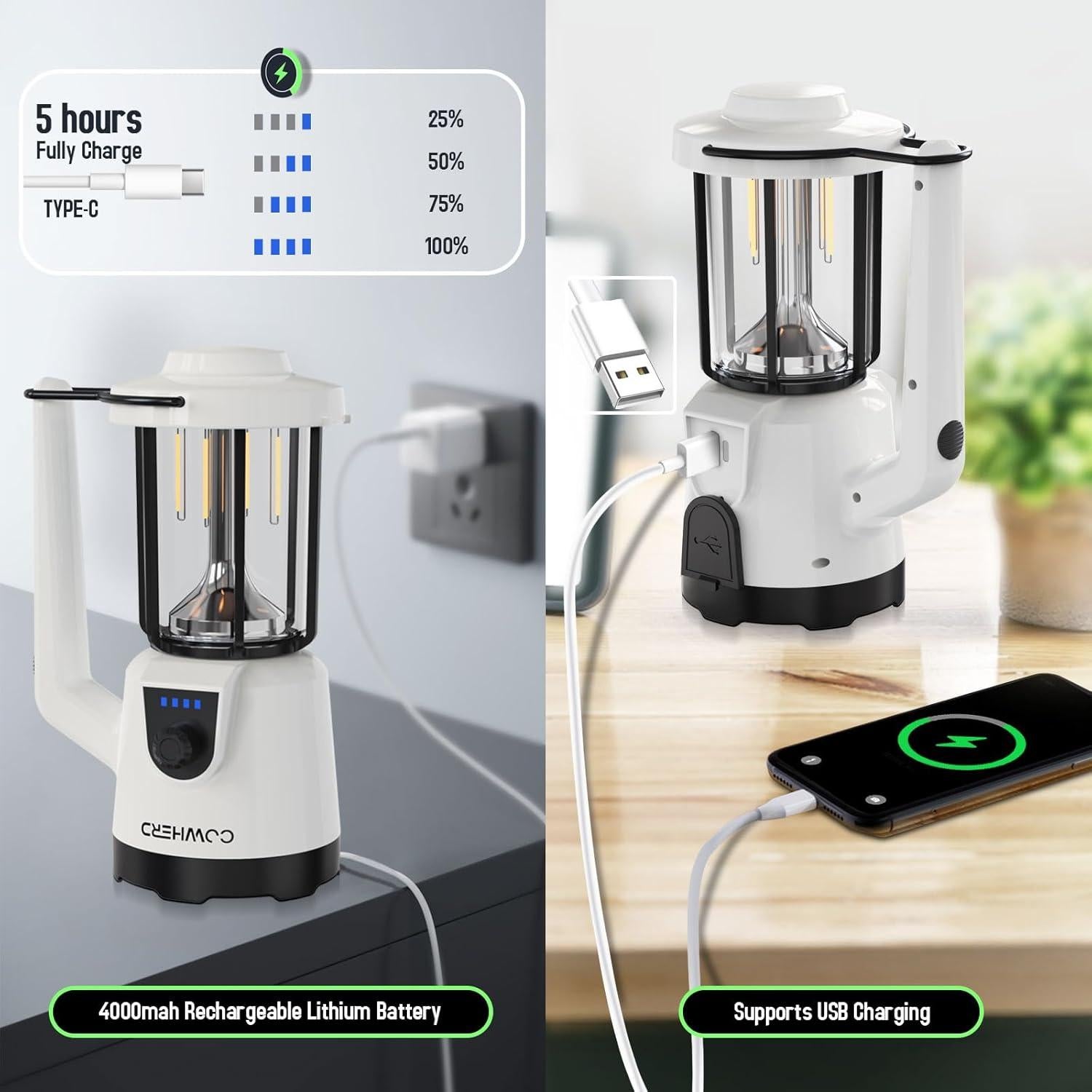 Linterna LED Recargable COWHERD 2-en-1 con Banco de Energía