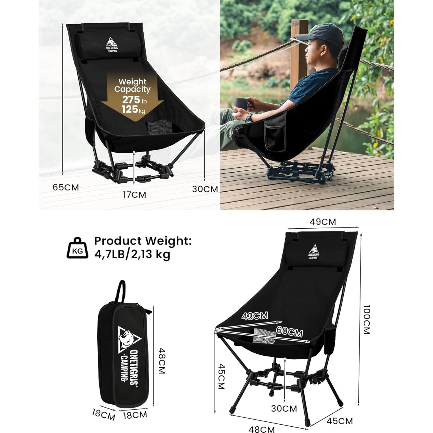 Silla de Camping Plegable ONETIGRIS Dragonhide 125 kg Negra